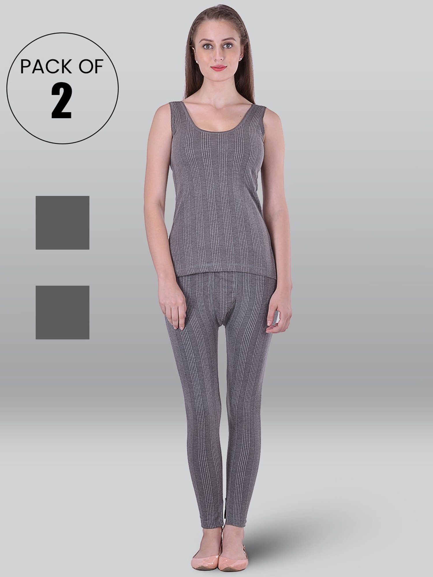 LUX Inferno Grey Striped Thermal Tank Top Leggings Set - Pack Of 2