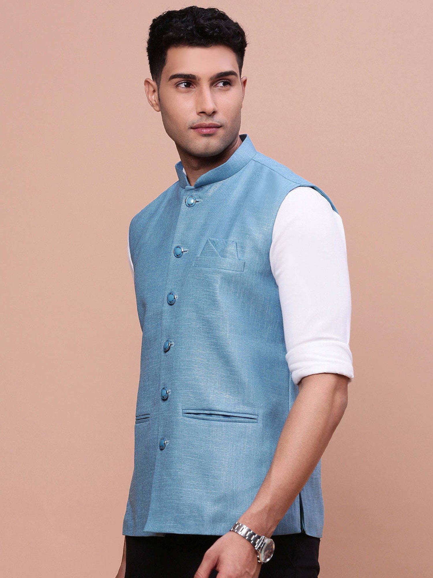 VASTRAMAY Teal Green Regular Fit Printed Nehru Jacket