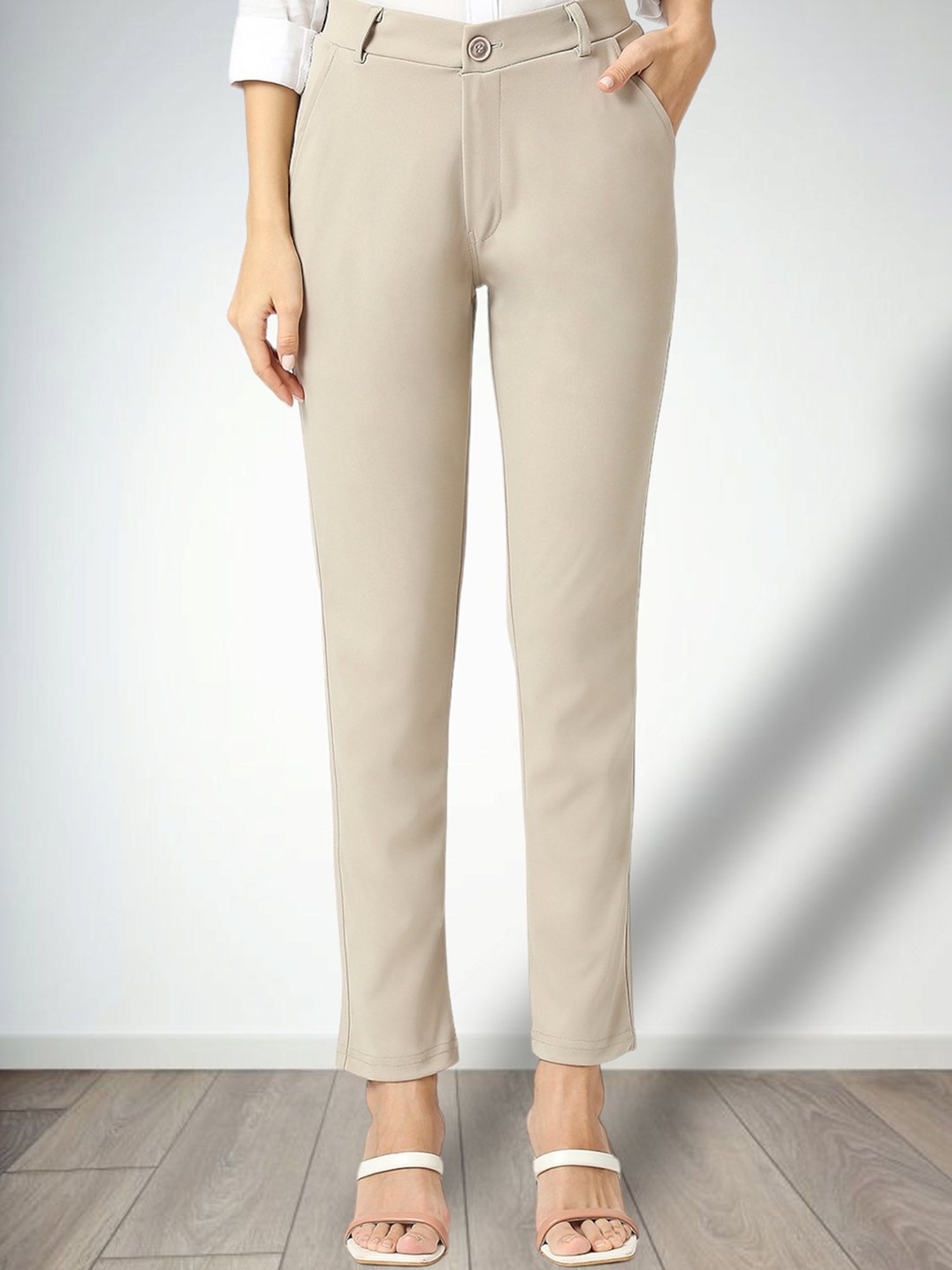 FITHUB Beige Slim Fit High Rise Trousers