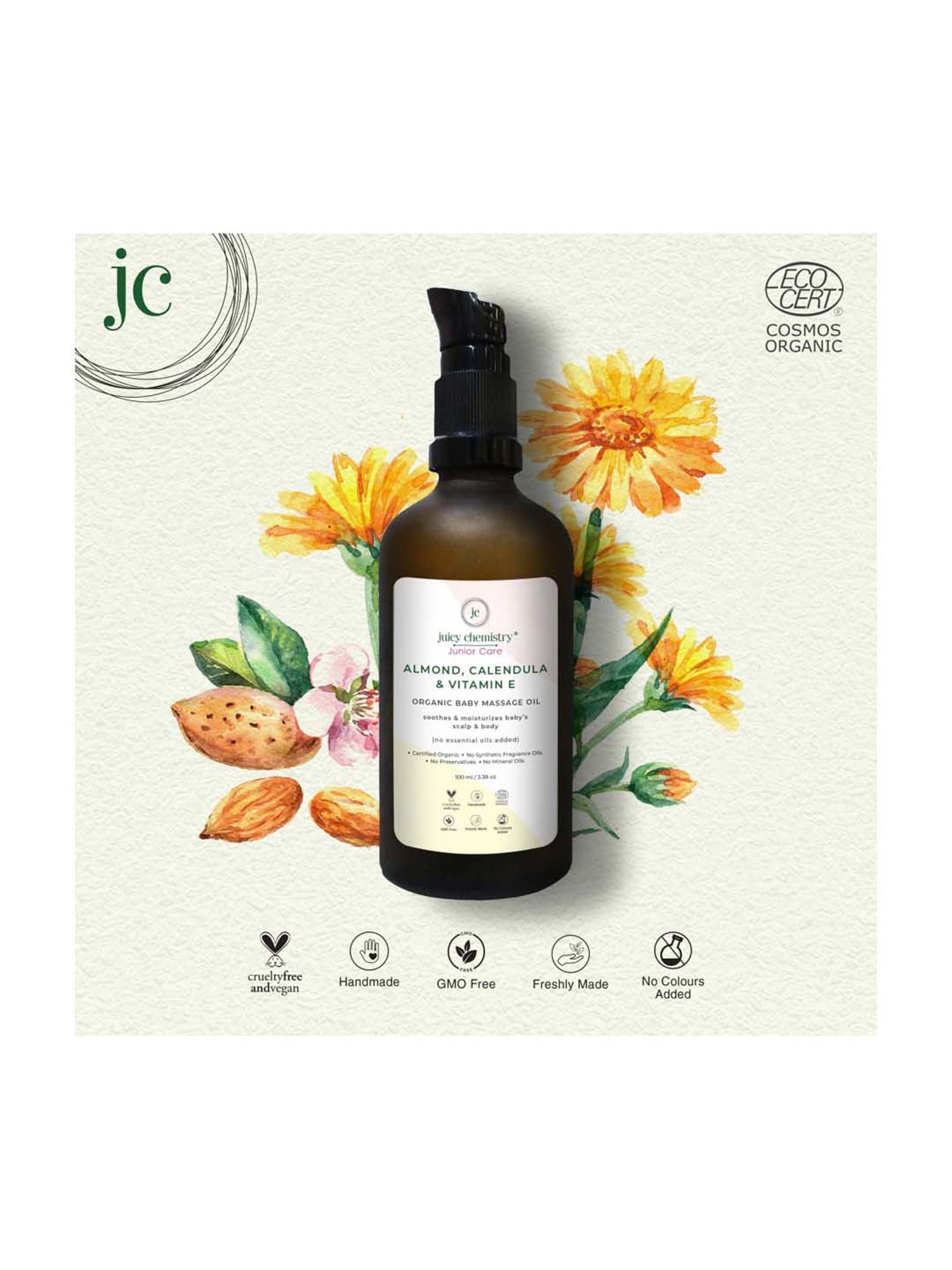Juicy Chemistry Organic Almond Calendula & Vitamin E Baby Massage Oil - 100 ml