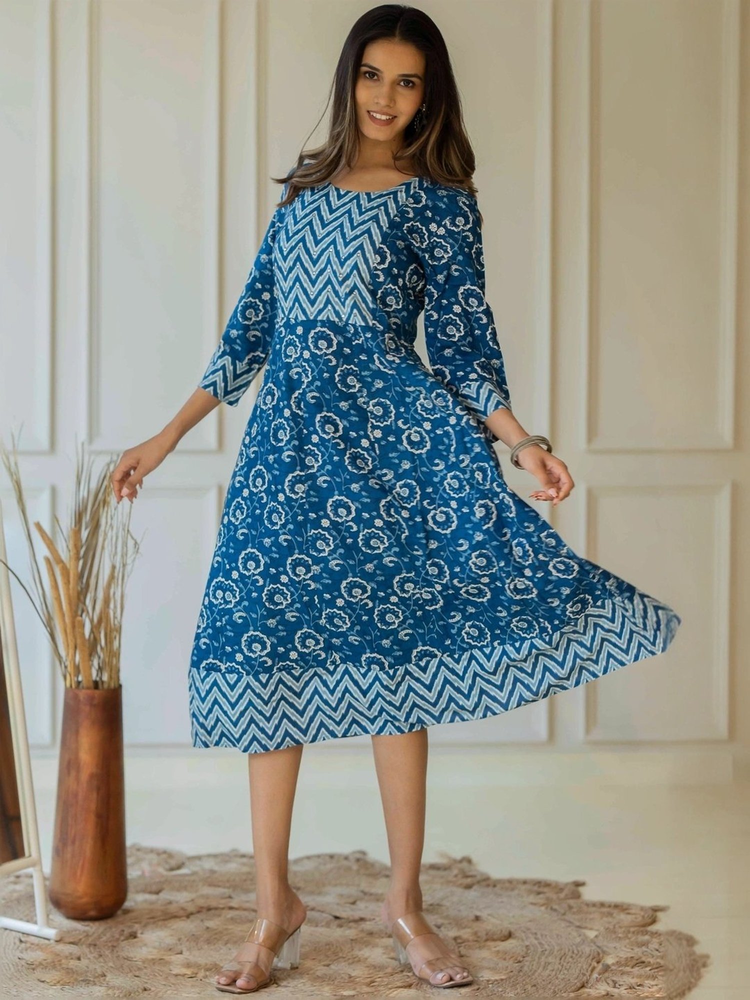 MIRCHI FASHION Blue Cotton Printed A-Line Dress