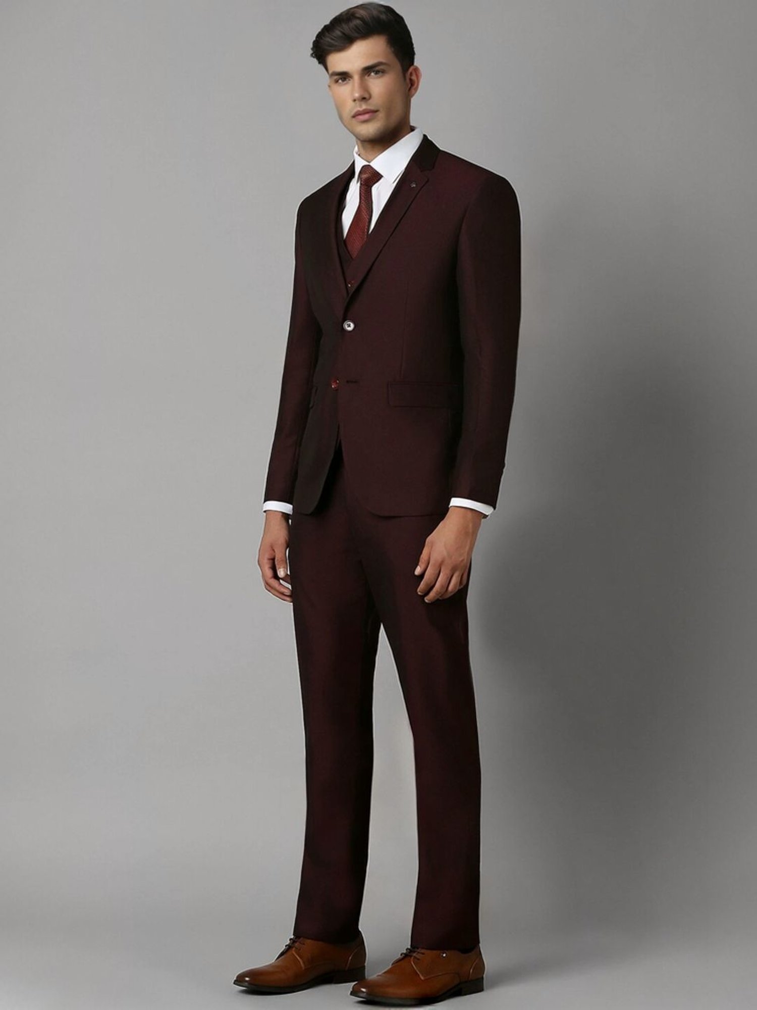 Louis Philippe Maroon Slim Fit Self Pattern Three Piece Suits