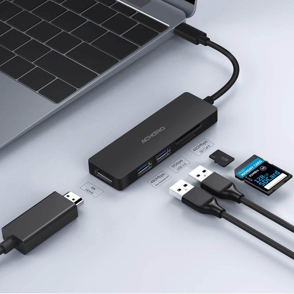 Achoro 5 in 1 Type C Hub Reader Combo - HDMI 4K Full HD SD TF 2 USB Ports Card Reader-Data Transfer Hub Compatible with Laptop, MacBook Pro, iMac