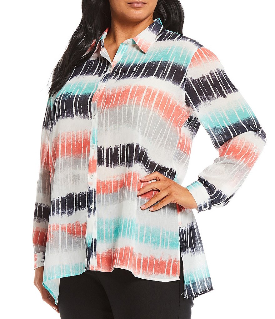 Multiples Plus Size Ombre Stripe Crinkle Woven Point Collar Neck Roll-Tab Long Sleeve Hi-Low Button Down Shirt