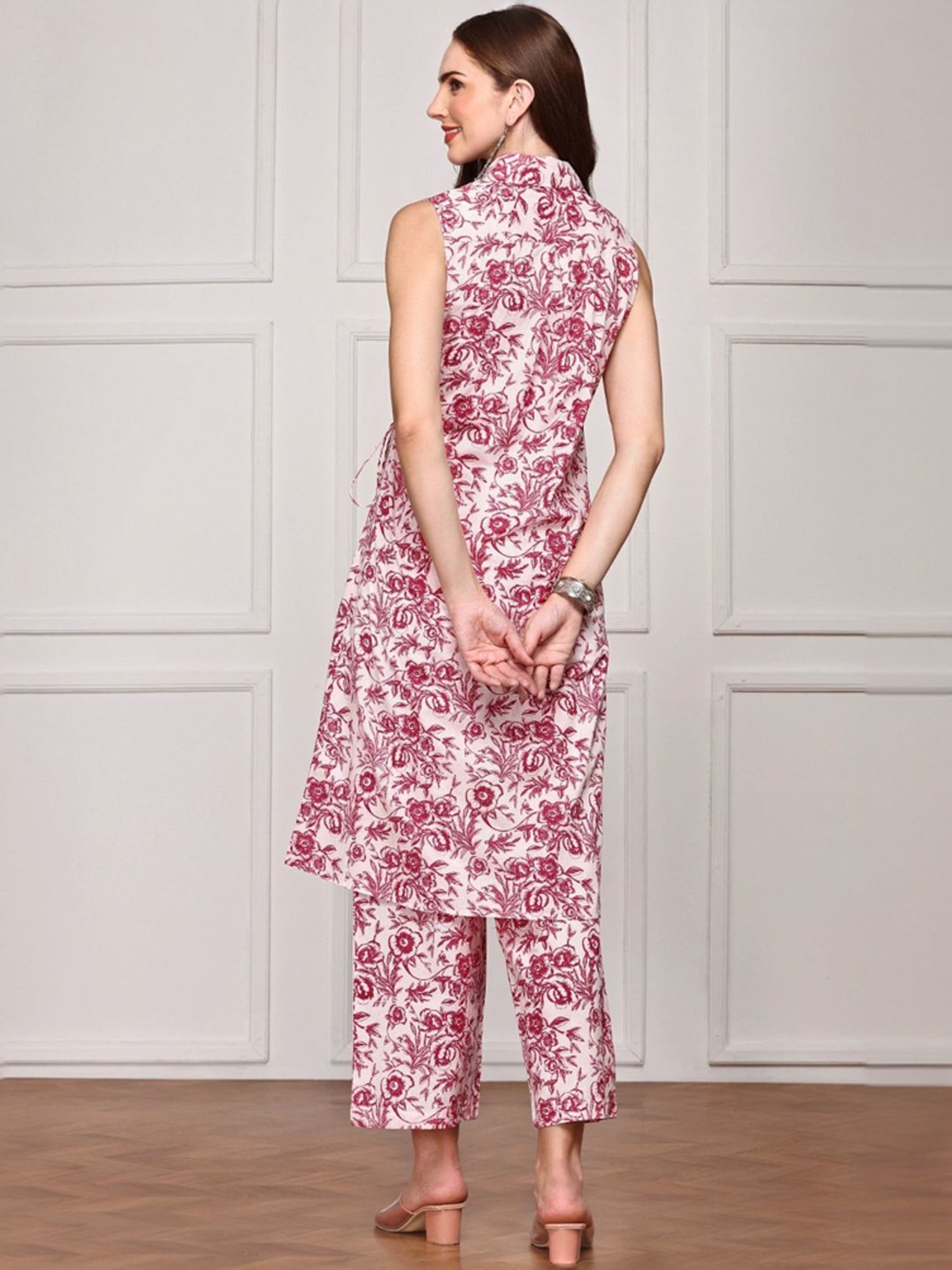 Ishin Pink Floral Print Crop Top & Pants Set with Jacket