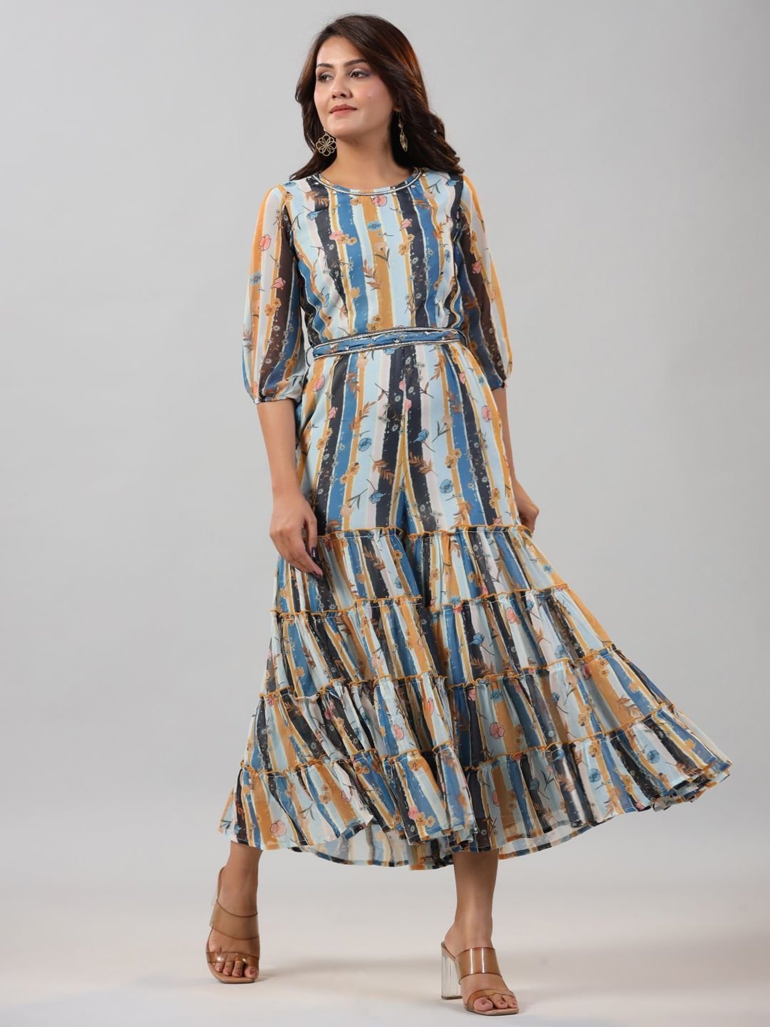 Juniper Sky blue Floral Printed Chiffon Jumpsuit With Beads & Sequins