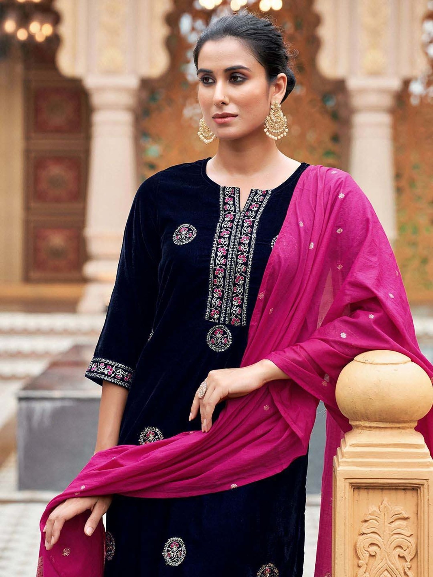 Skylee Navy Embroidered Kurta Pant Set With Dupatta