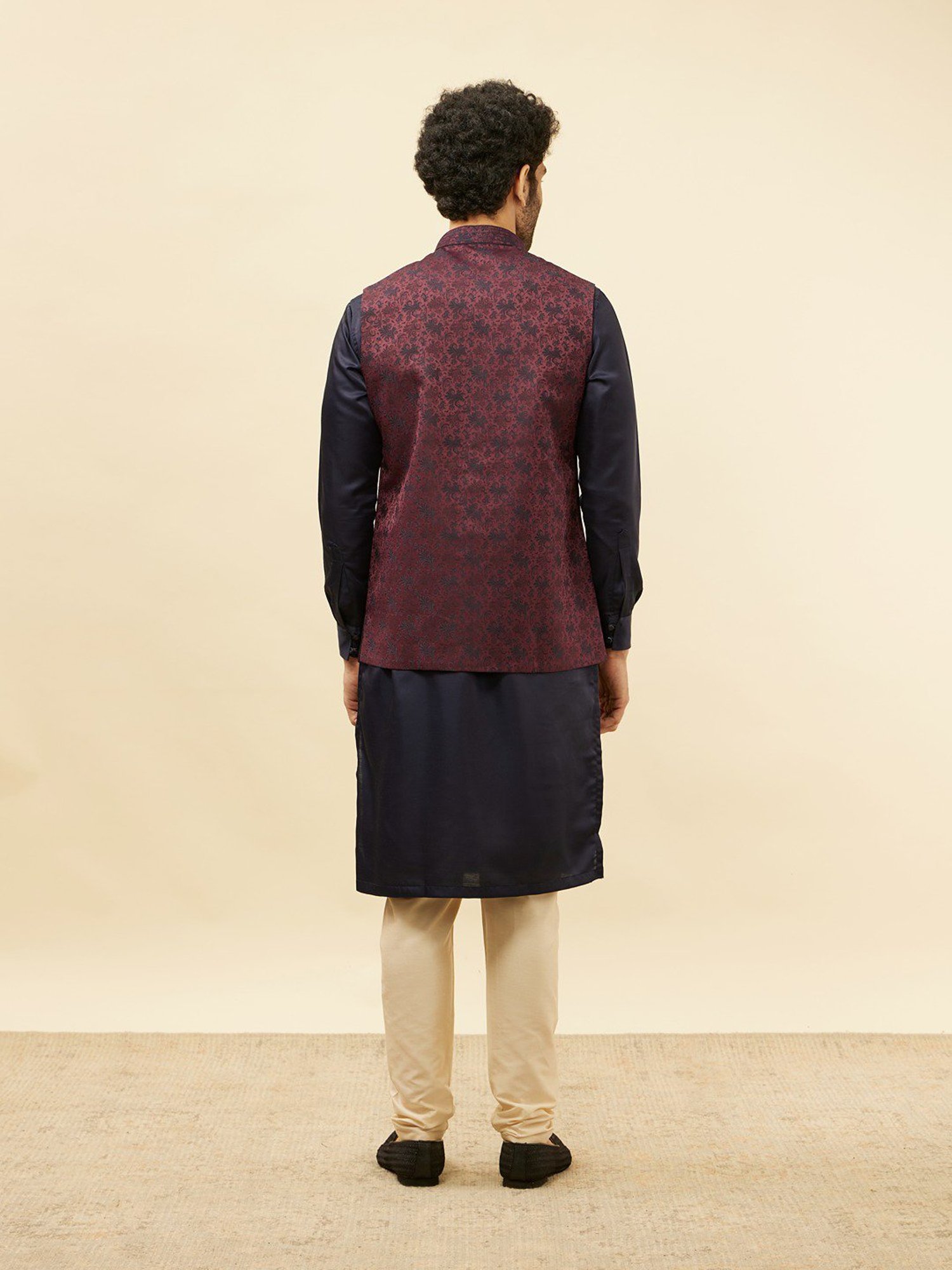 Manyavar Wine Regular Fit Self Design Nehru Jacket