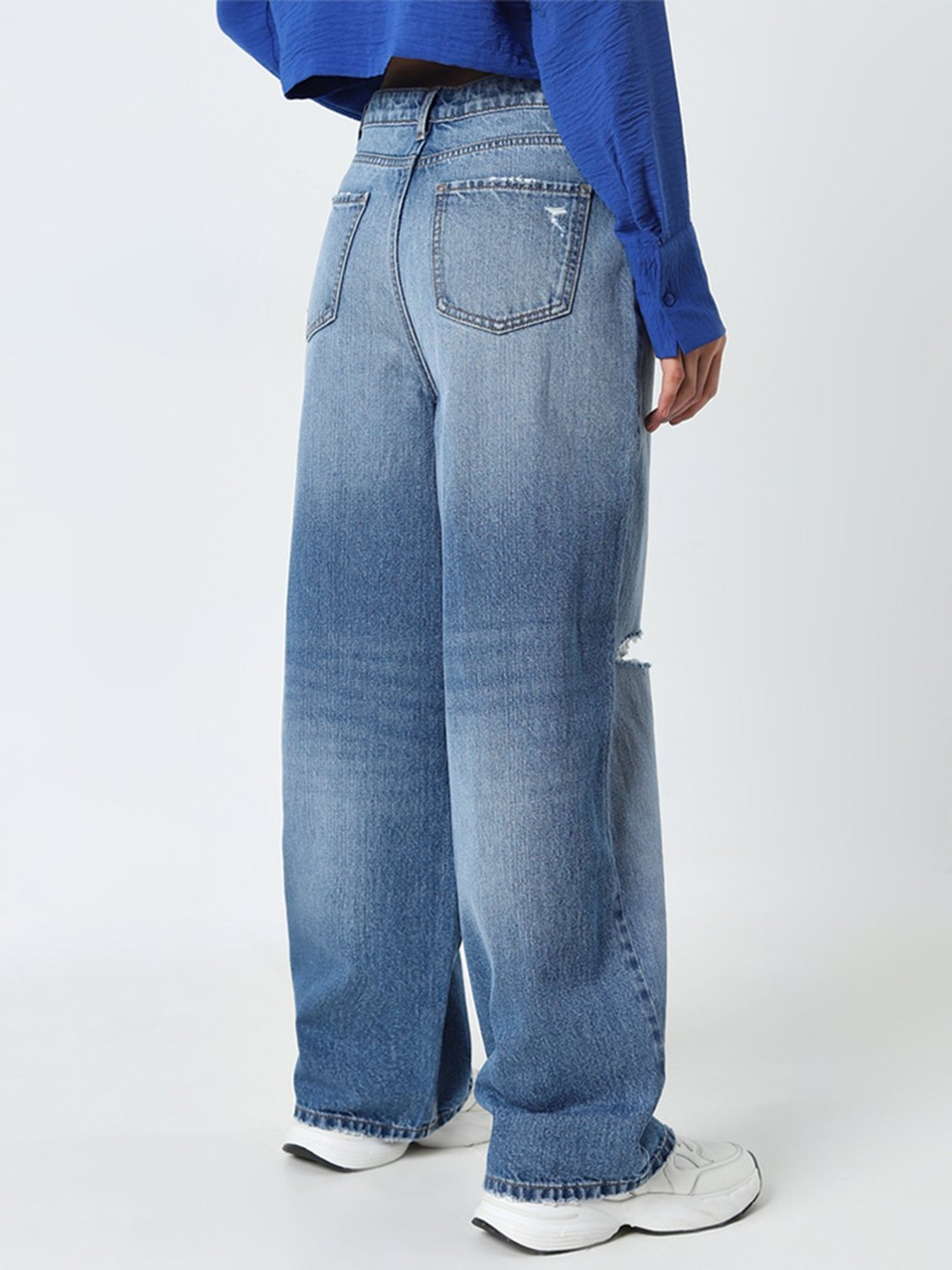 Nuon by Westside Blue Distressed Wide-Leg High-Rise Jeans