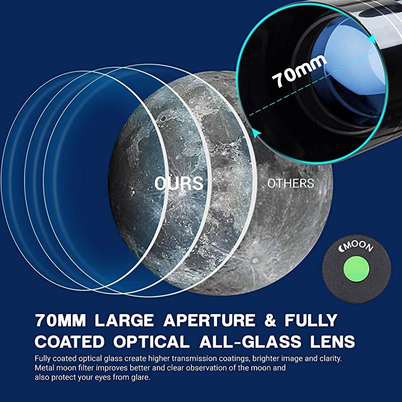 Telescope for Kids 70mm Refractor Telescope with Smartphone Adapter 516in Tripod Astronomical Telescopes for Astronomy Beginners Adults 3X Barlow Moon Filter Fully Coated Lens