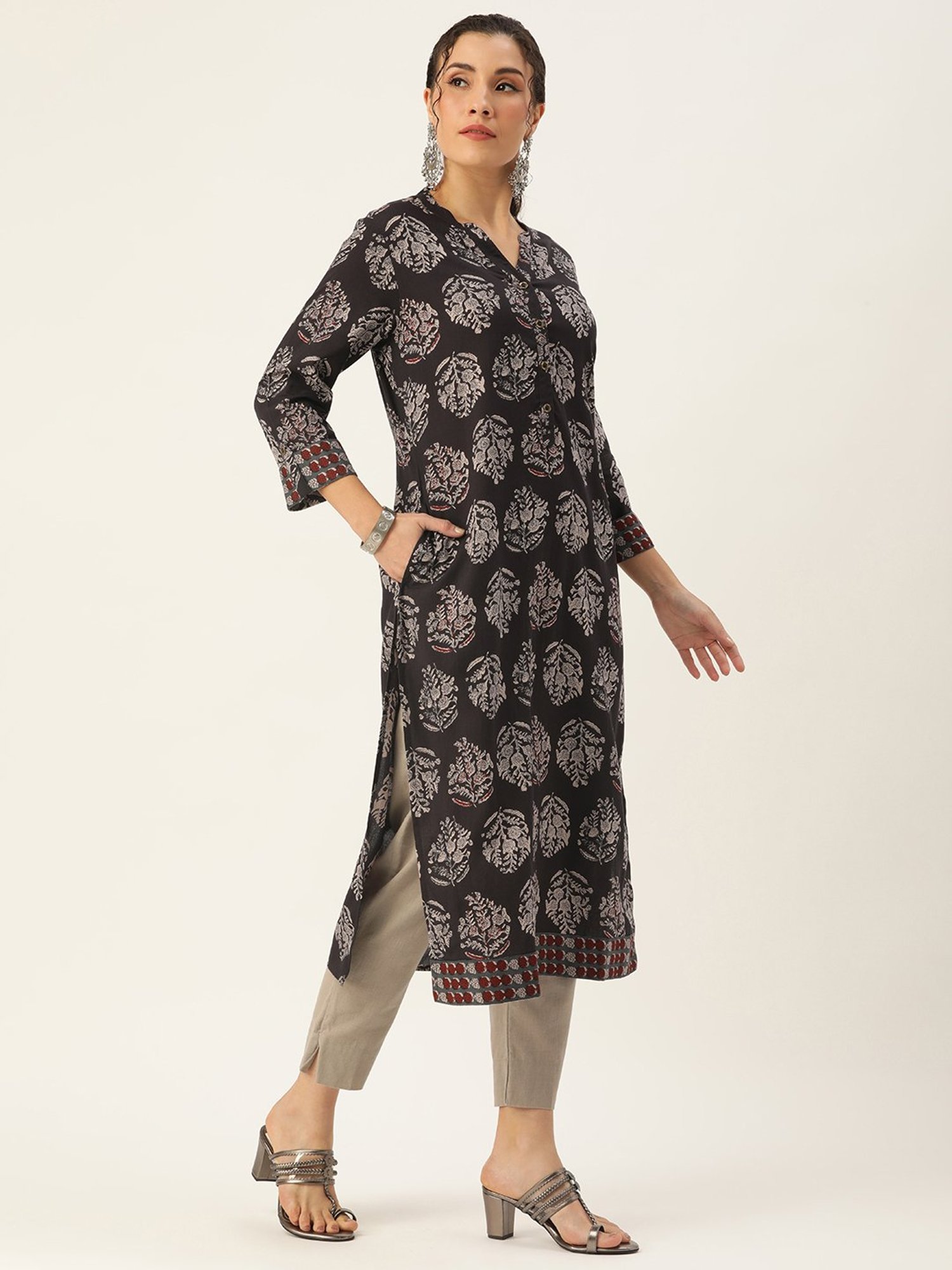 Amukti Black Printed A Line Kurta