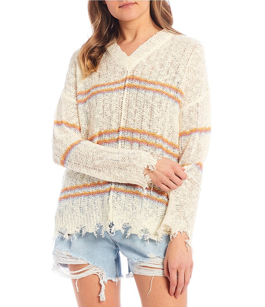 Say What Distressed Stripe Lightweight Sweater