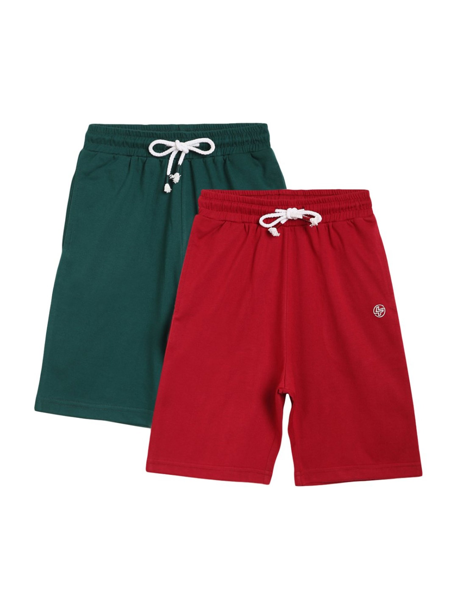 Li'l Tomatoes Kids Green & Wine Cotton Printed Shorts - Pack of 2
