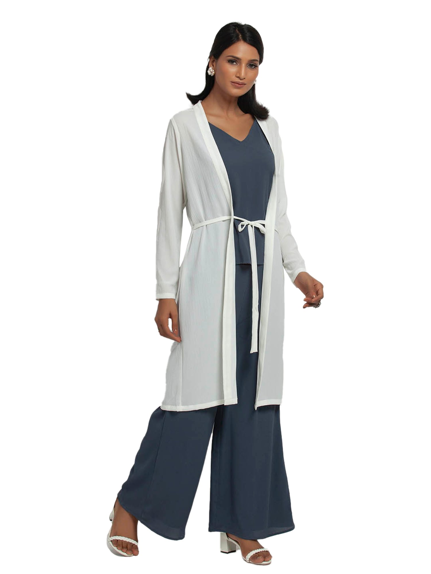 Office & You White Full Sleeves Jacket With Tie Knot