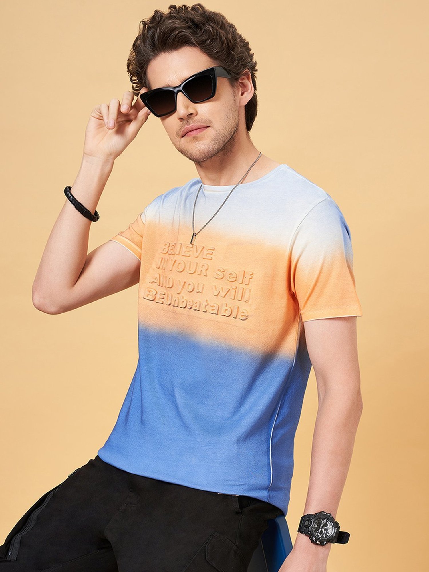 People by Pantaloons Blue Quartz Cotton Slim Fit Printed T-Shirt