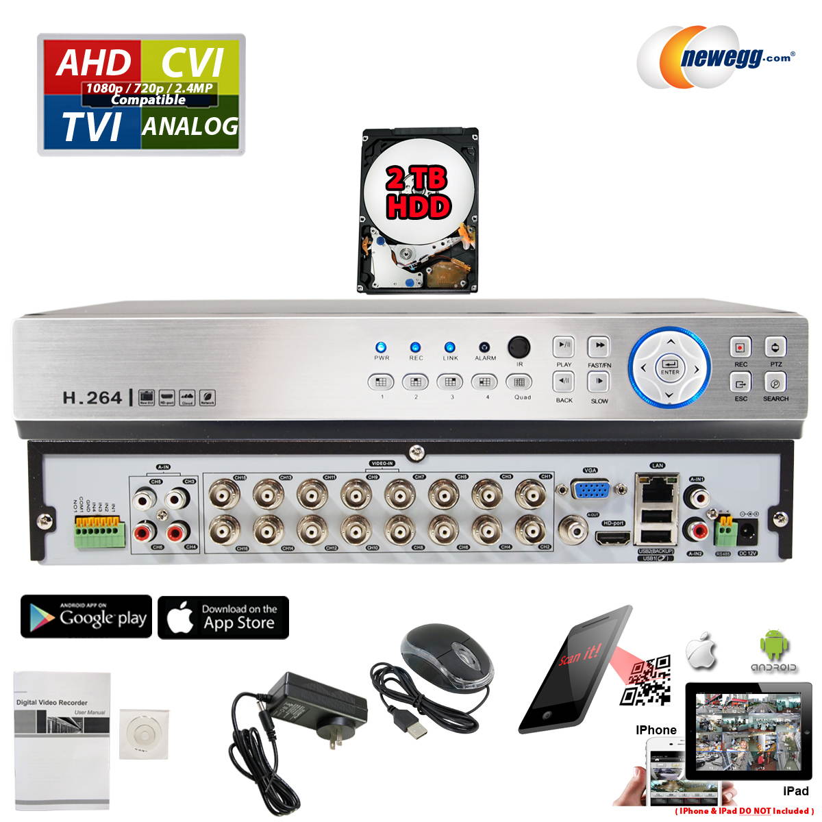 Evertech 16 Channel DVR 4in1 AHD/CVI/TVI Analog High Definition Security Camera Digital Video Recorder w/ 2TB Hard Drive