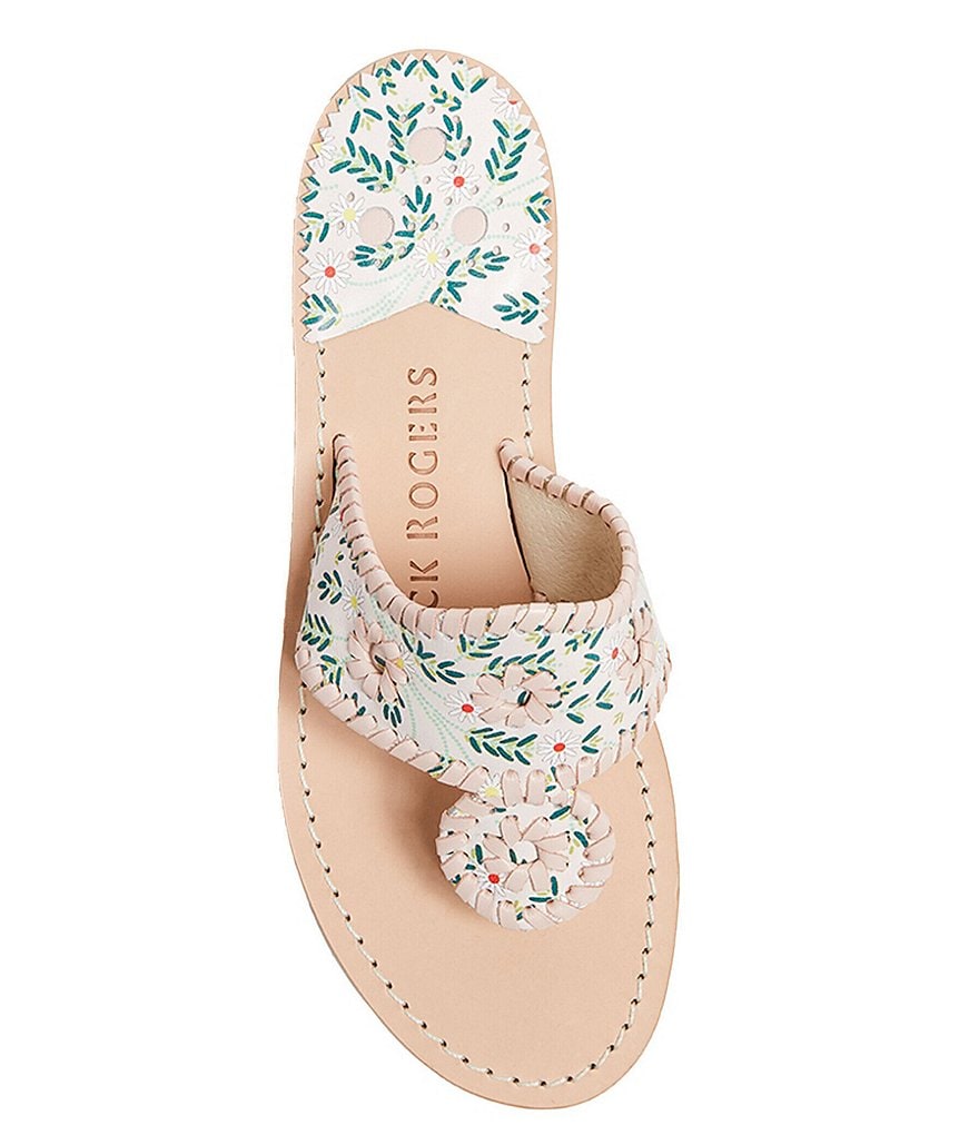 Jack Rogers Jack Daisy Print Leather Whipstitch Detail Thong Sandals