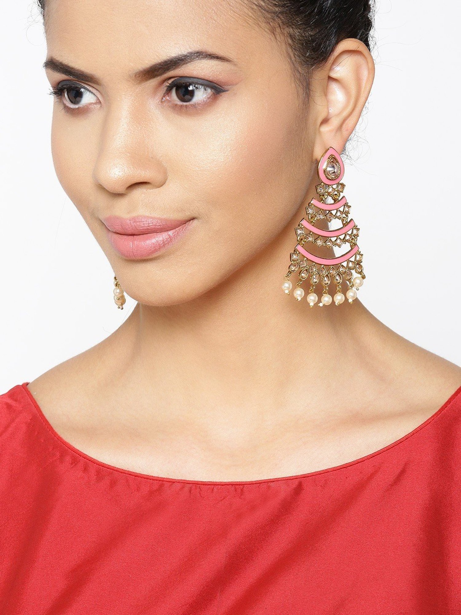 Priyaasi Gold-Plated Stones Studded Meenakari with Tasselled Pearls Chains Dangler Earrings