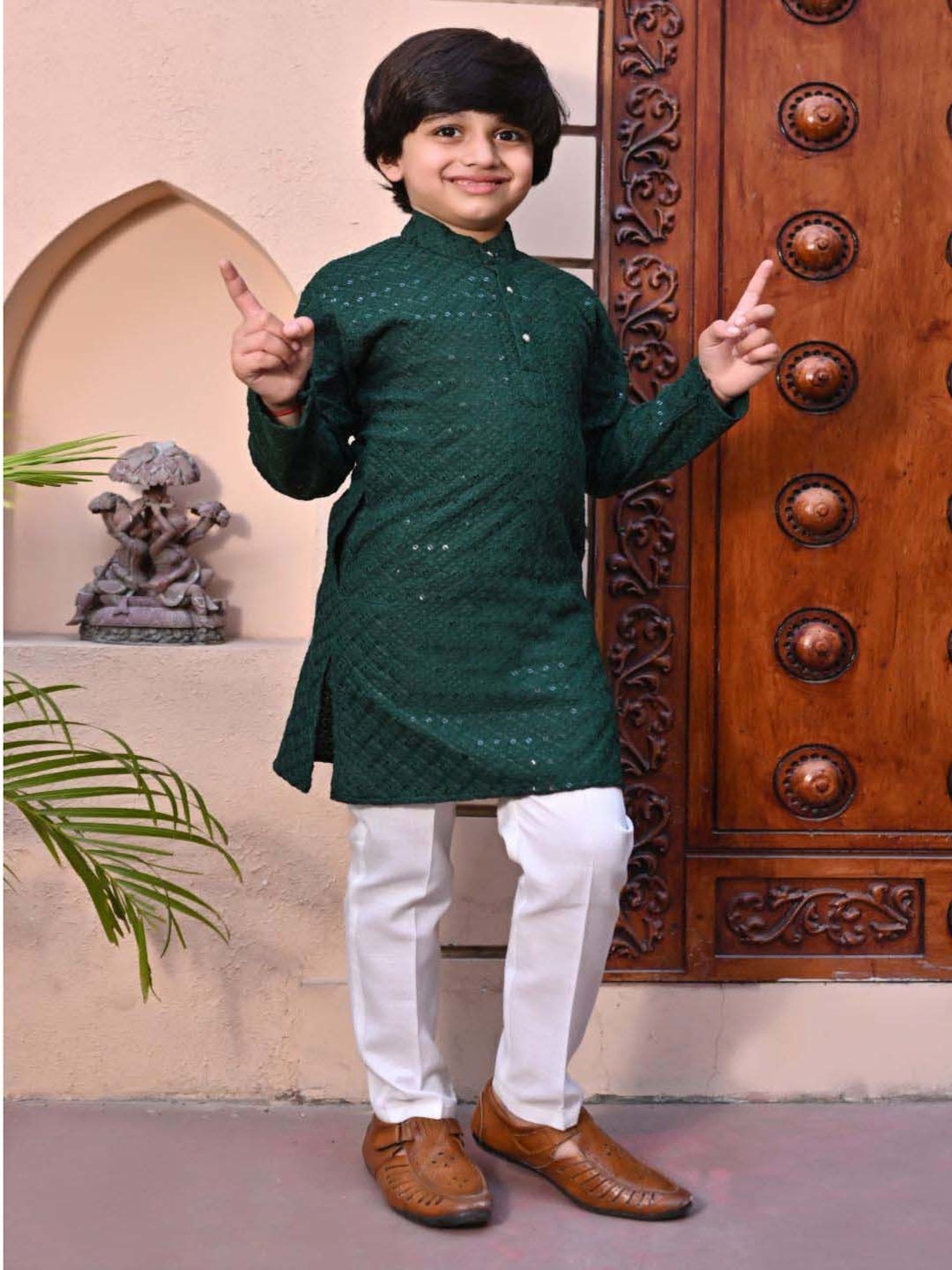 Ahhaaaa Kids Green Cotton Embellished Full Sleeves Kurta Set