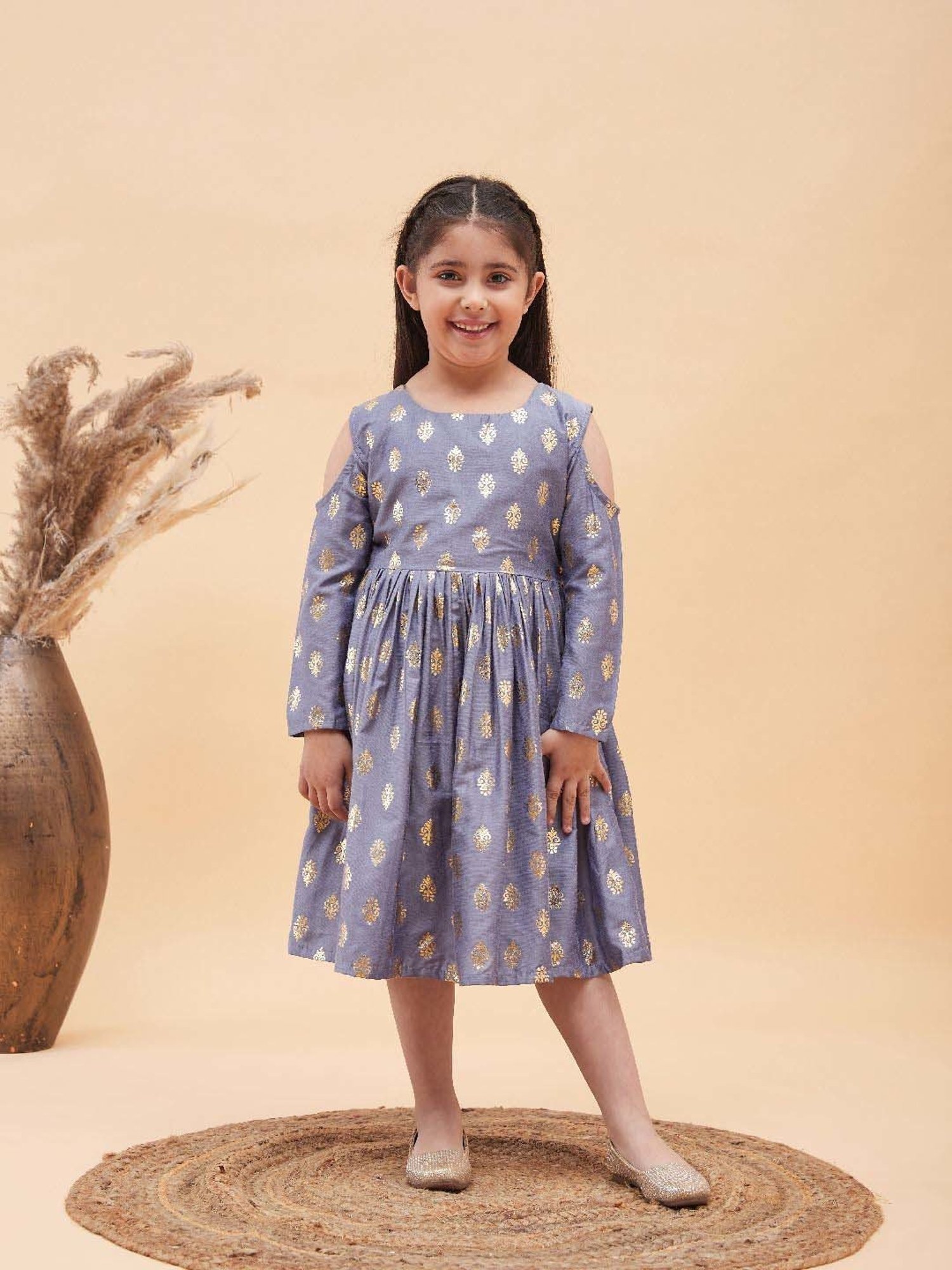 VASTRAMAY Girls Grey Printed Full Sleeves Dresses