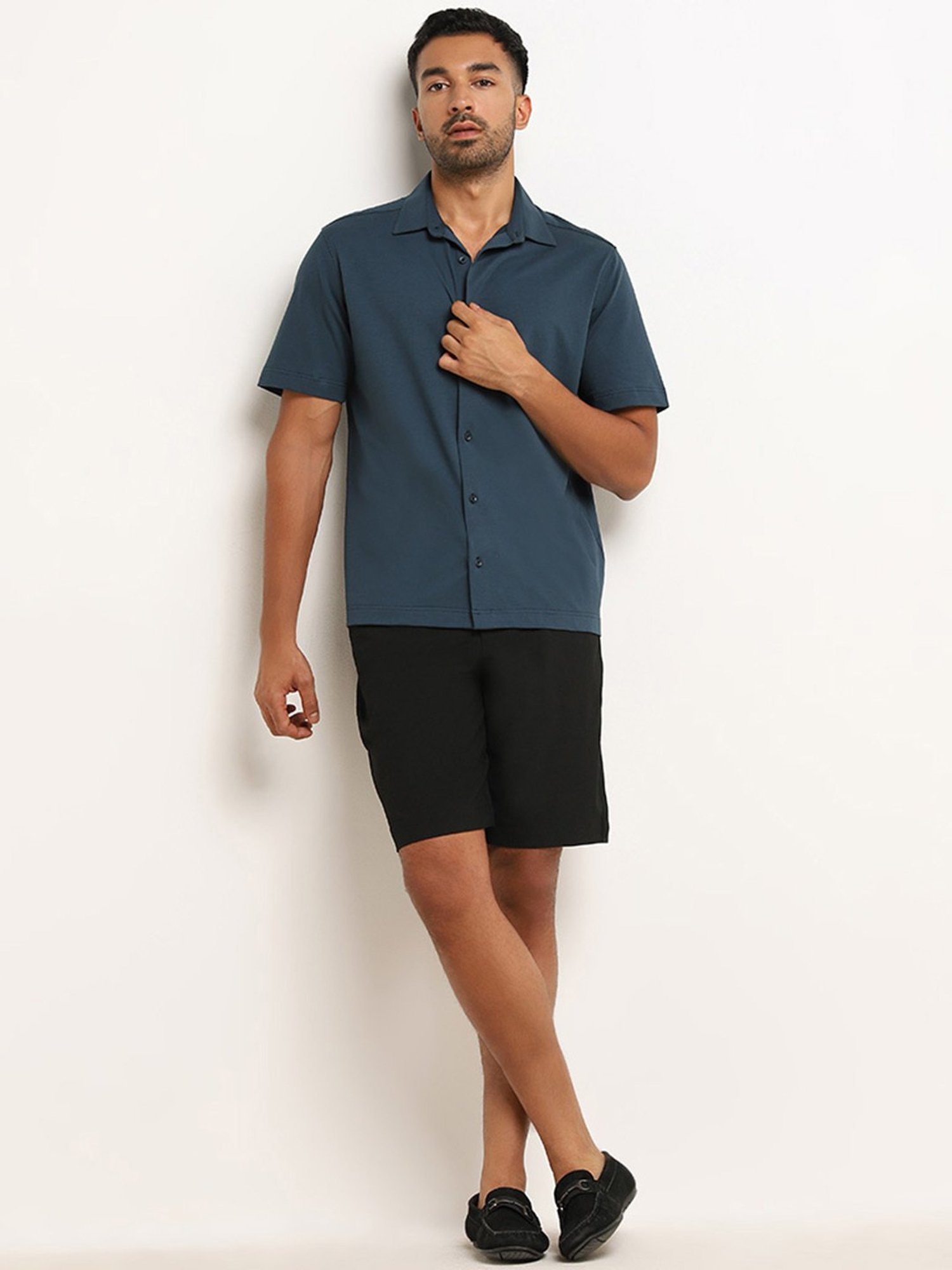 Ascot by Westside Dark Teal Cotton Blend Relaxed Fit Shirt