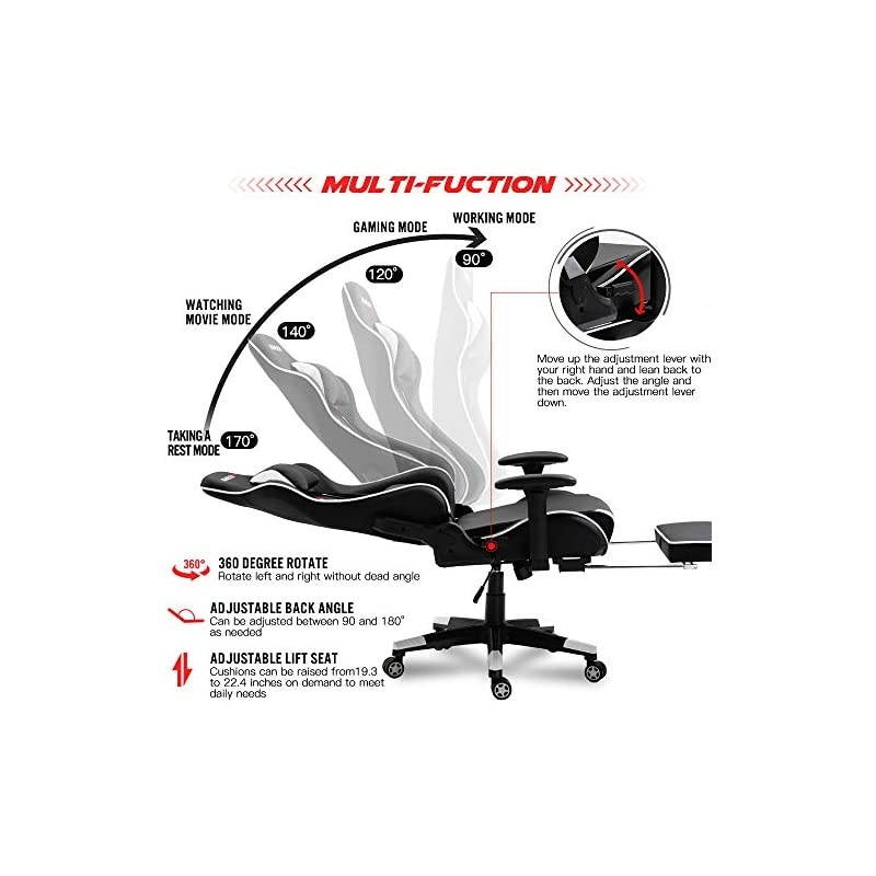 Ergonomic Gaming Chair High-Back Racing Style Gamer Chair PU Leather Height Adjustable Computer Desk Chair with Massage Lumbar Recliner Footrest and Headrest (White)