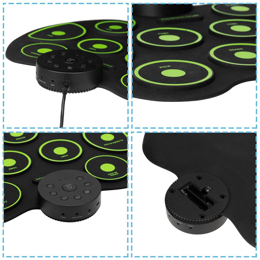 Portable Electric Drum Set 9 Full-Tone Standard Drum Pads with Drum Stick, Headphone Jack and Pedals Multiple Power Supply Methods Best Gift for Christmas Holiday Birthday Green