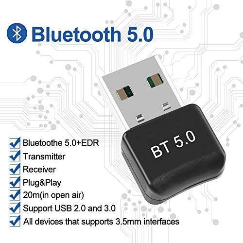 USB Bluetooth 5.0 Adapter Dongle - Wireless Bluetooth Transmitter Receiver for Windows 10/8.1/8 / 7 / XP Laptop PC for Bluetooth Speaker, Headset, Keyboard, Mouse, Game Controller
