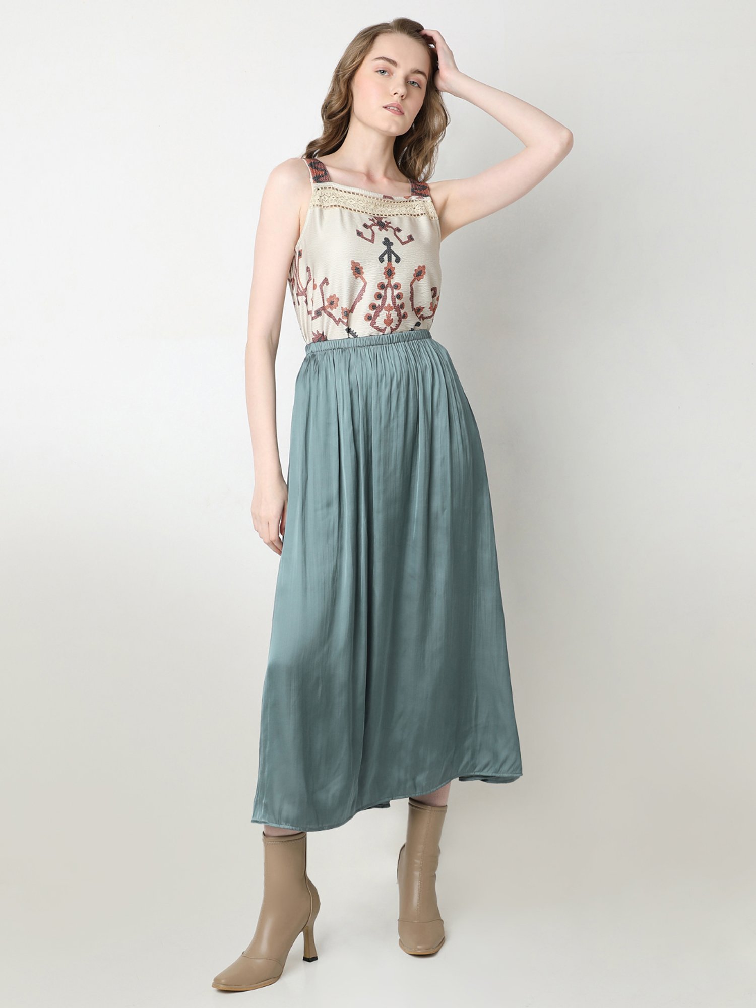 Vero Moda Balsam Green A-Line Midi Skirt