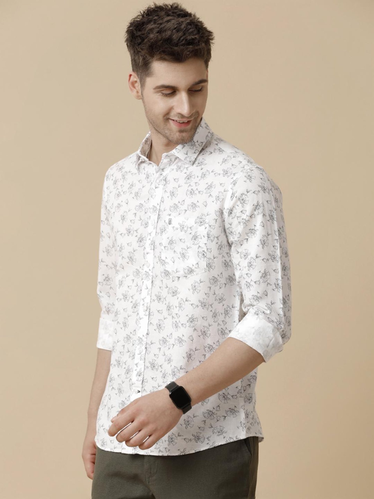 Linen Club White Linen Contemporary Fit Printed Shirt