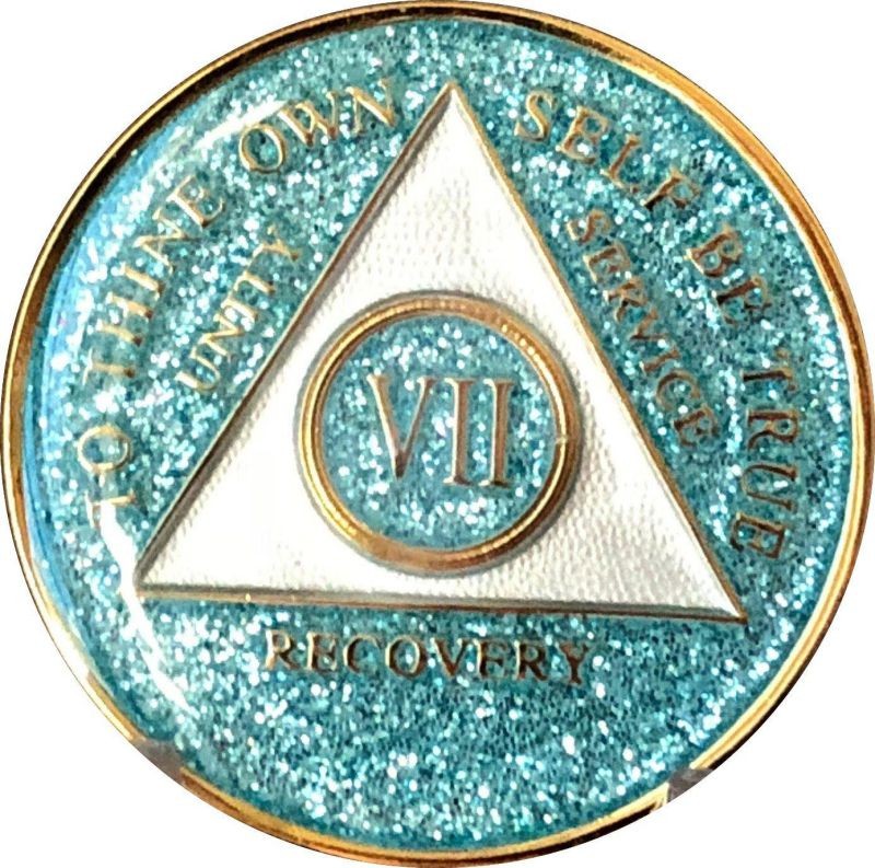 7 Year AA Medallion Aqua Glitter Tri-Plate Bling Bling Chip
