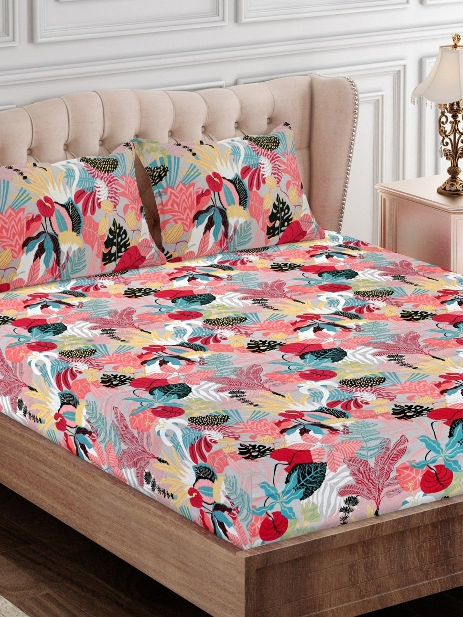 SEJ by Nisha Gupta Floral Pink 144 TC Cotton Double Bed Sheet with 2 Pillow Covers