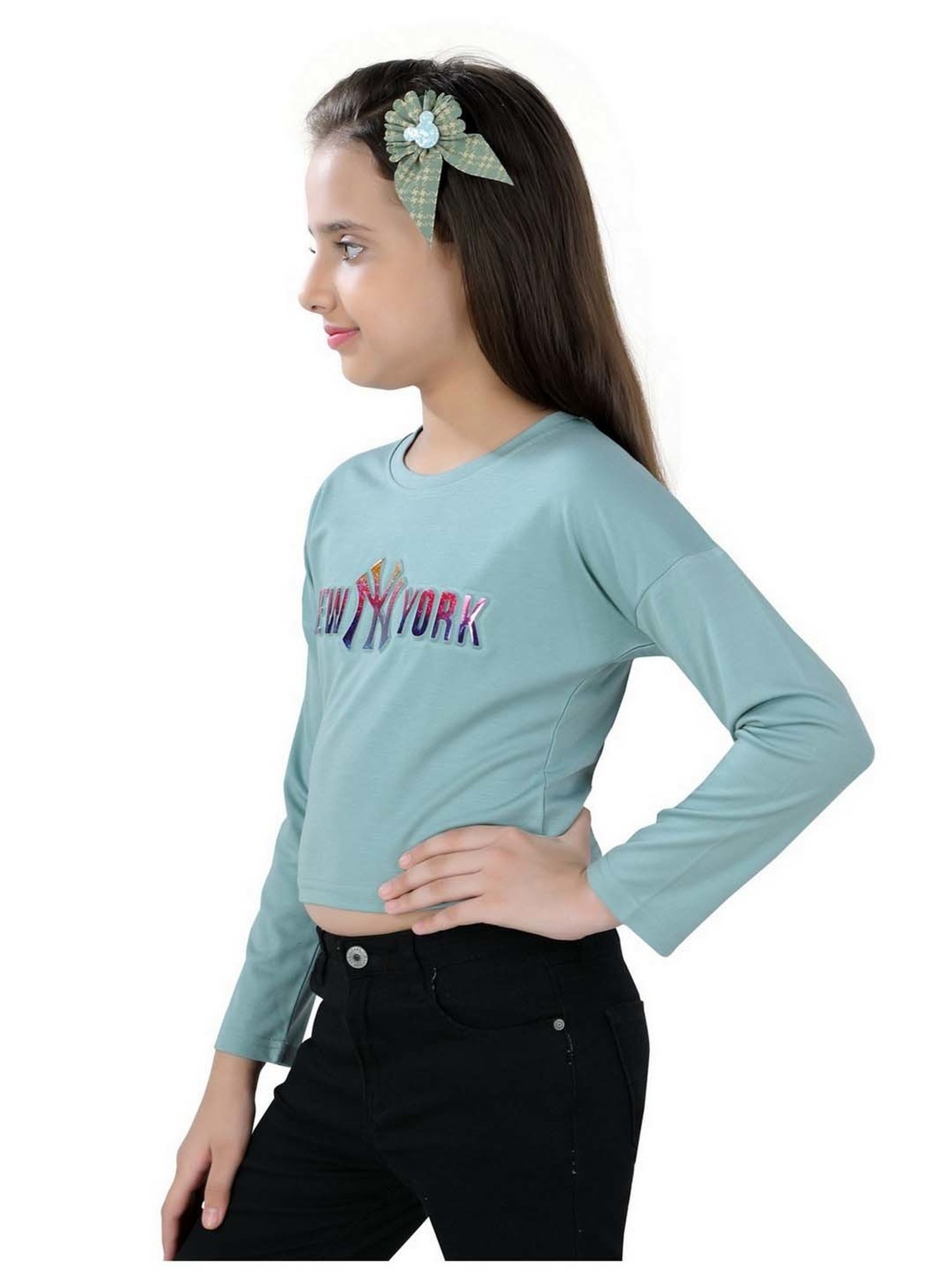 poplins Kids Green Cotton Printed Full Sleeves Top