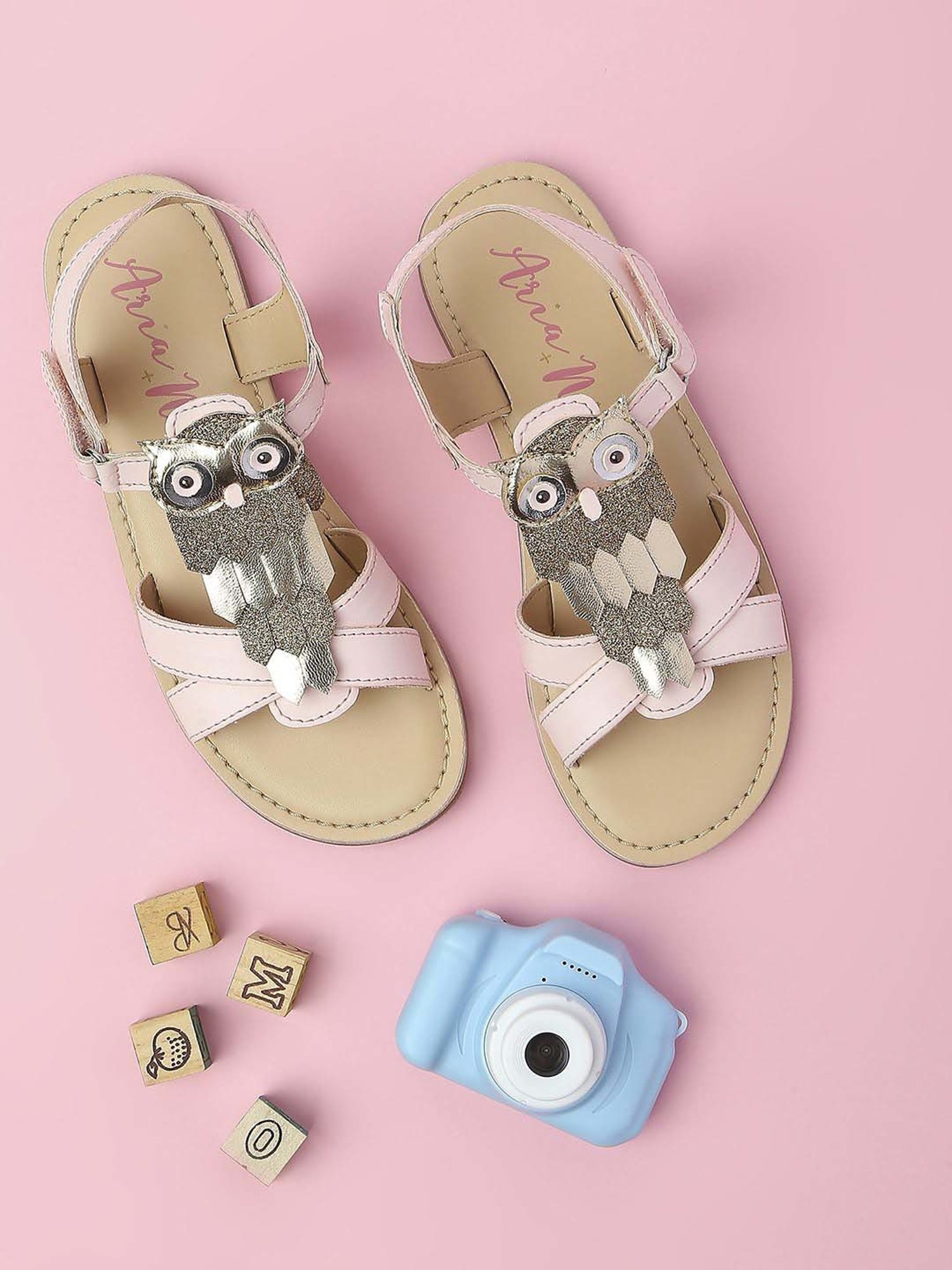 Aria Nica Kids Owl Pink & Beige Cross Strap Sandals