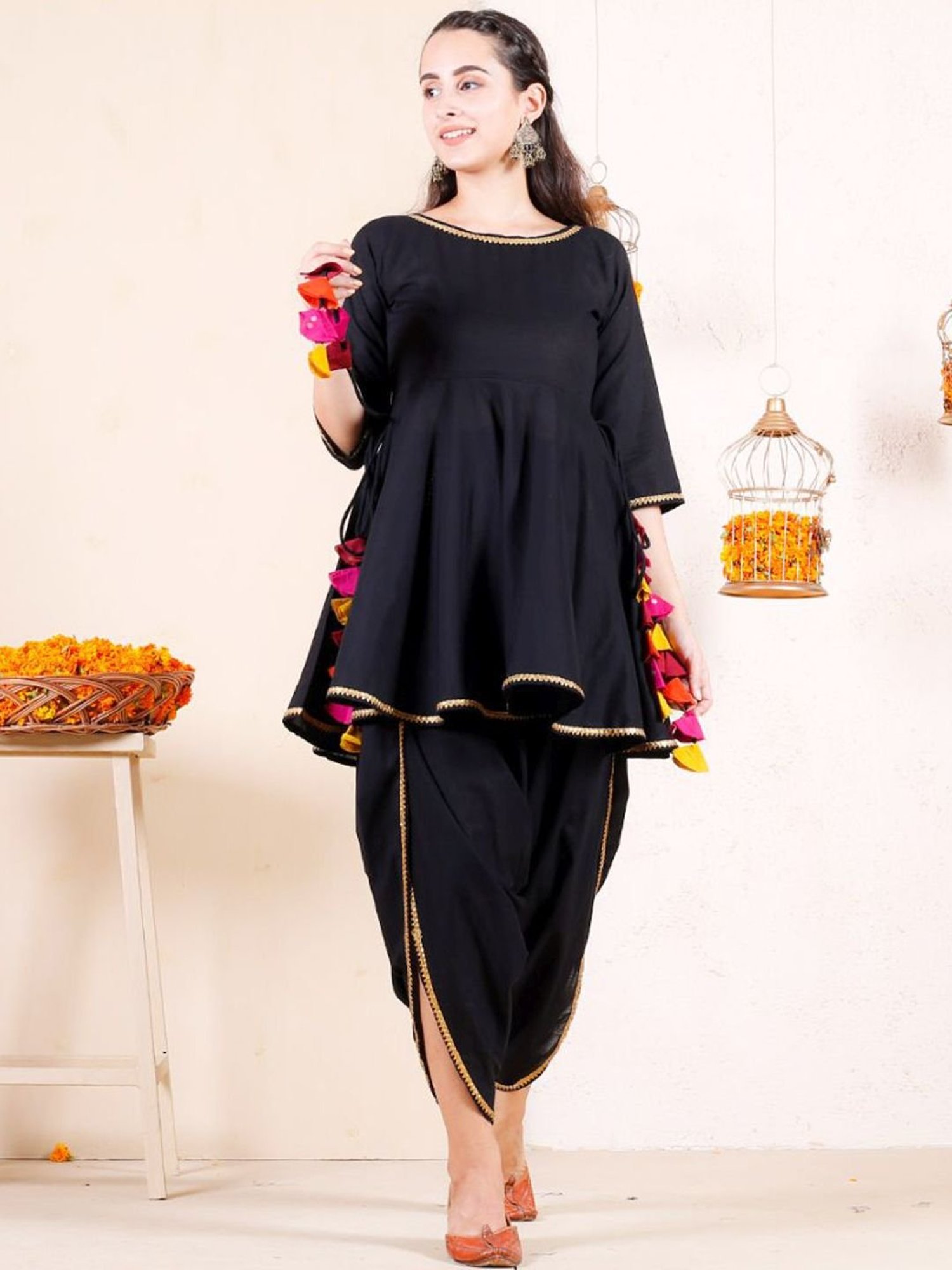 Rustorange Black Peplum Top & Dhoti Set