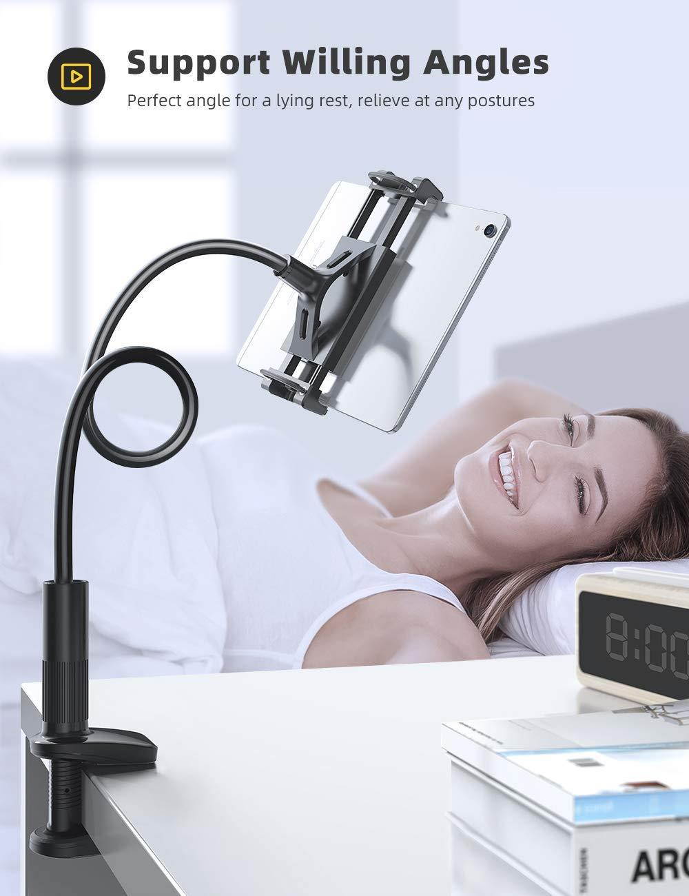 Gooseneck Tablet Mount Holder for Bed - Lamicall Flexible Tablet Arm Clamp, Bed Stand for 4.7-11" Devices, Such as iPad Mini 7.9, Air 9.7, Pro 10.5/11, Nintendo Switch, Samsung Galaxy Tabs - Black