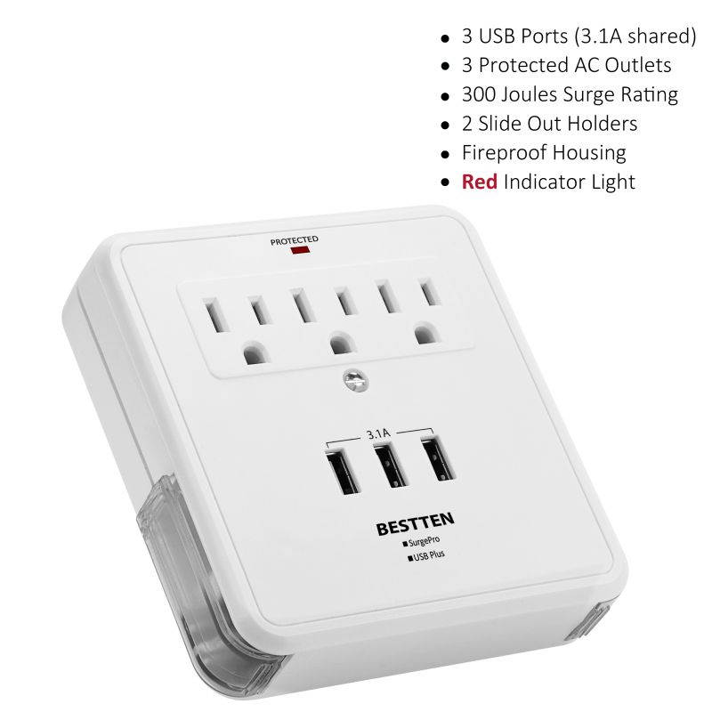 BESTTEN Cell Phone Charging Center, Triple 2.4A USB Charging Ports (3.1A Totally) with 2 Slide-Out Phone Holders for iPhone, iPad and Others, Wall Mount Design, ETL Certified, White