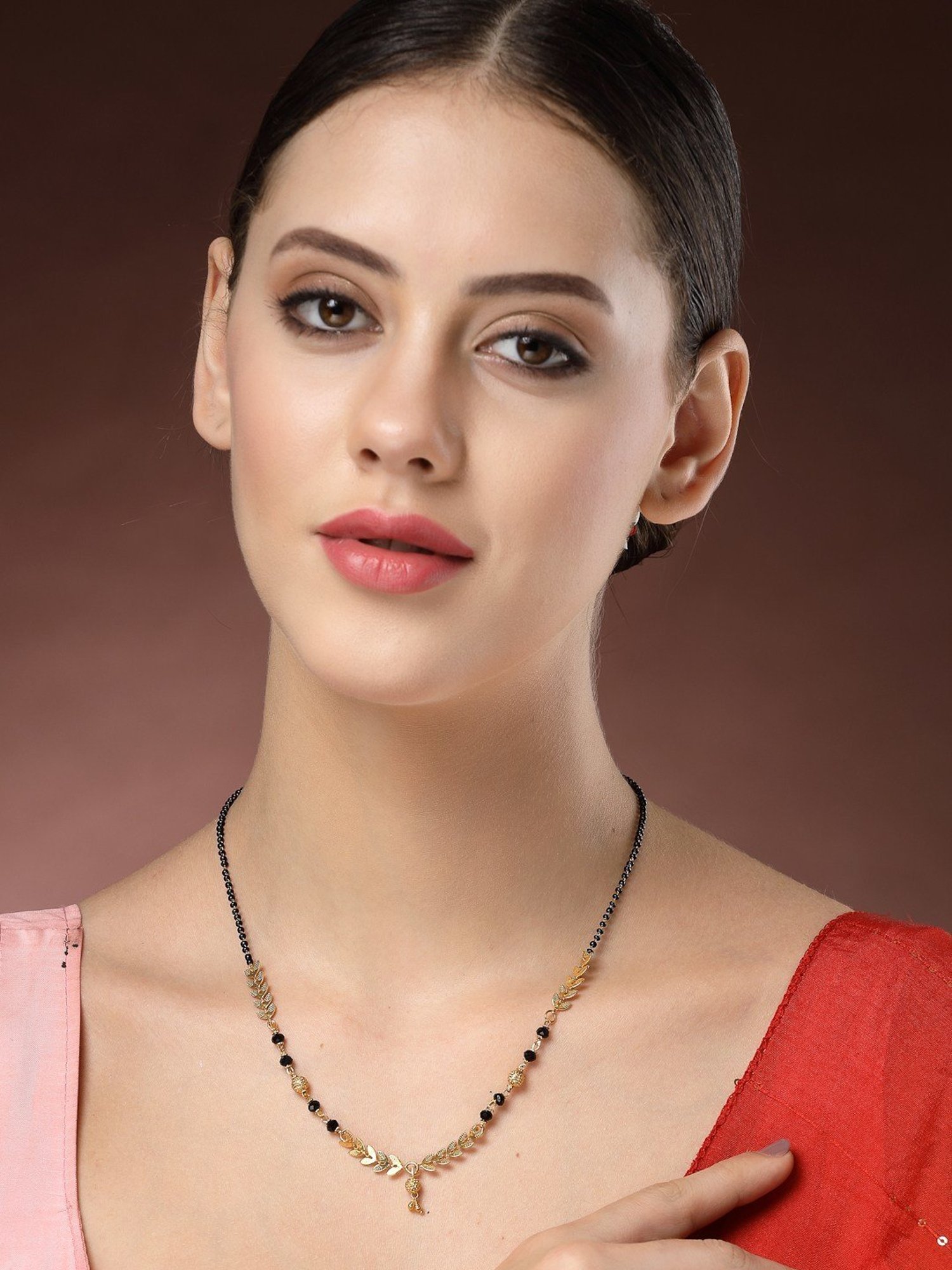 Abdesigns Gold-Plated American Diamond & Black Beaded Mangalsutra