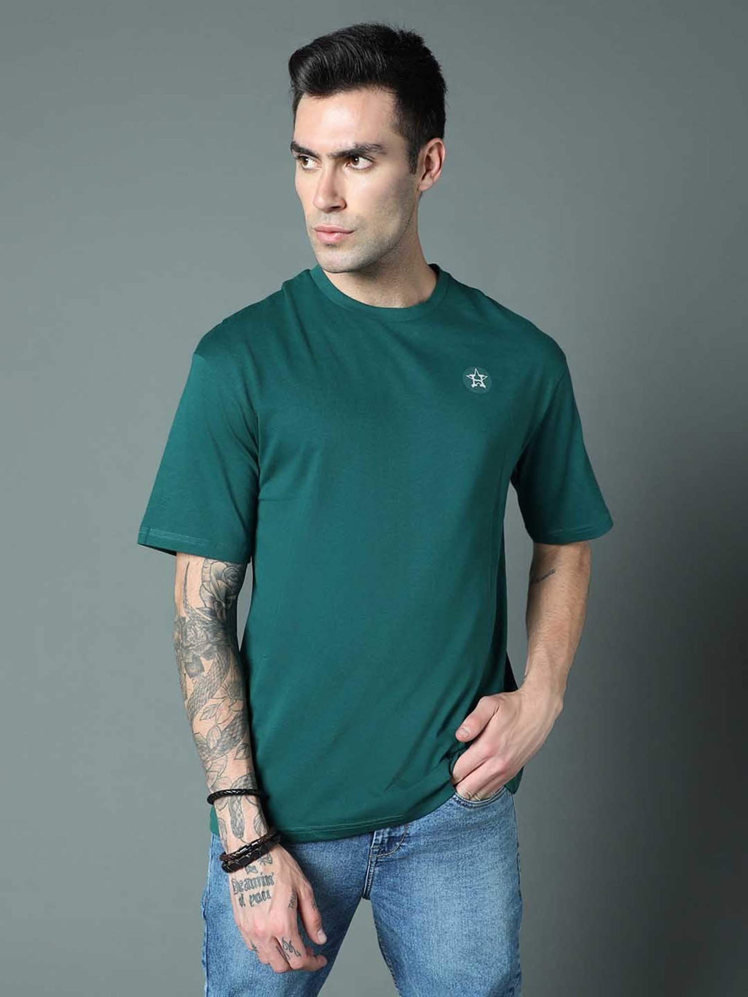 High Star Green Relaxed Fit Printed Crew T-Shirt