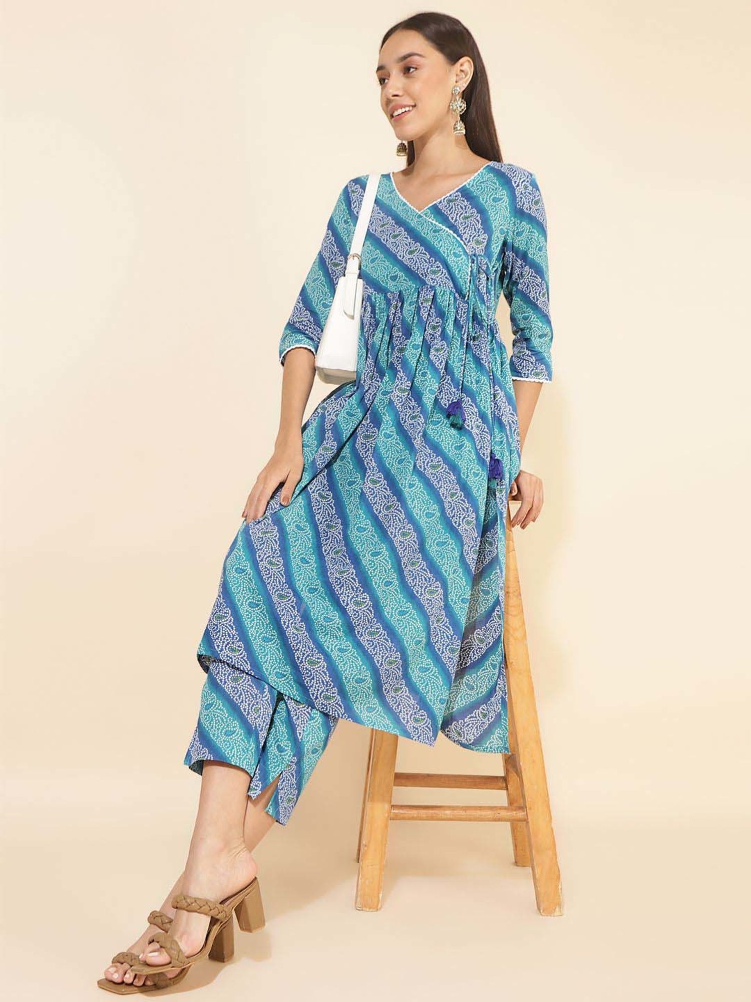 Janasya Blue Cotton Printed Kurta Pant Set