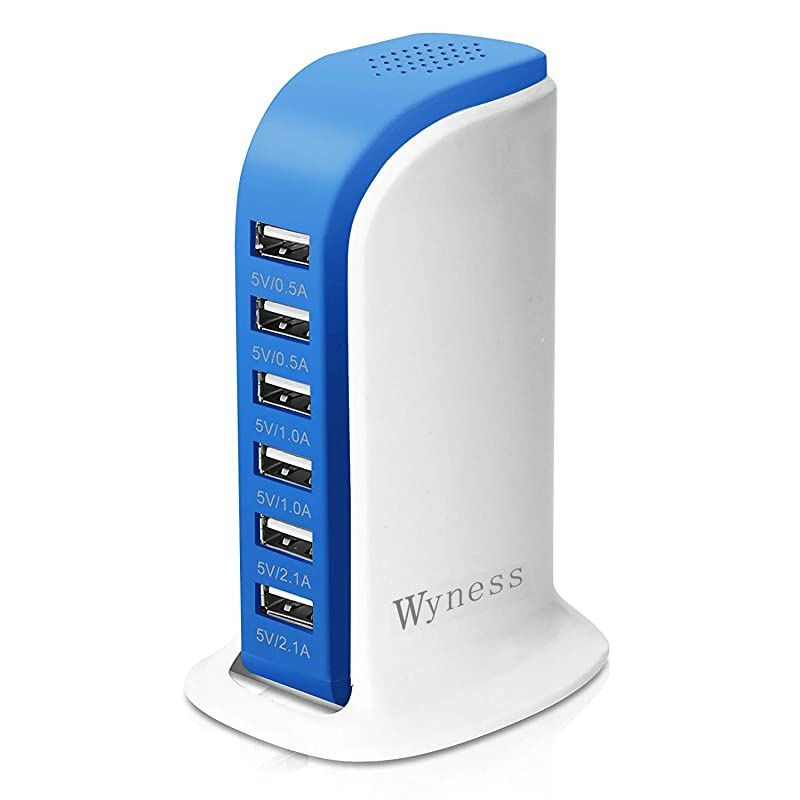 Tower Power Adapter 6Port Smart IC Tech Charging Station with Quick Charge 21 for Phone Tablets and More Blue