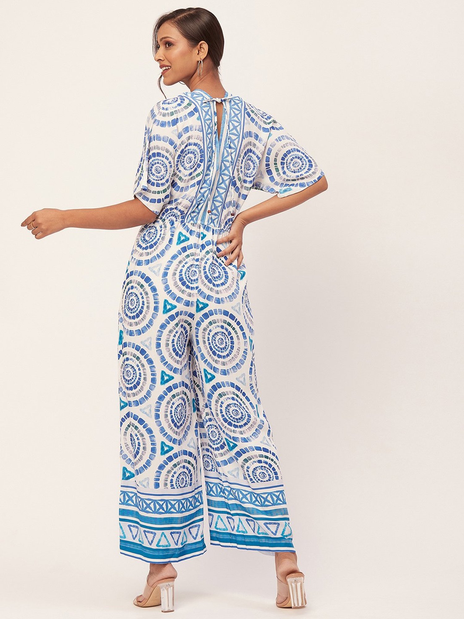 Moomaya Blue & White Printed Jumpsuit