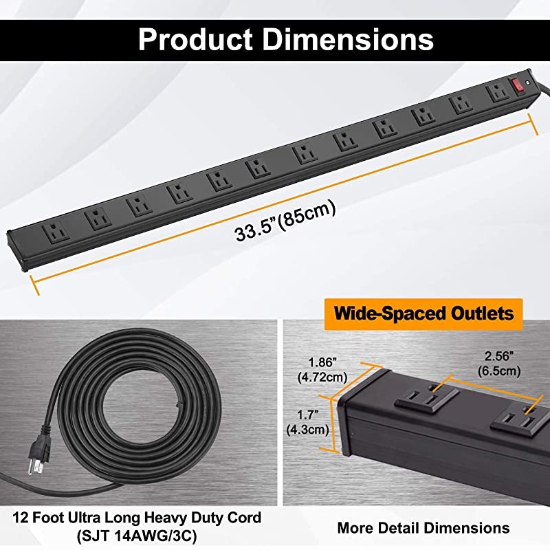 Metal Surge Protector Power Strip 12 WideSpaced Outlets and 12ft Long Extension Cord 450 Joules 15A125V1875W OnOff Circuit Breaker ETL Listed Black
