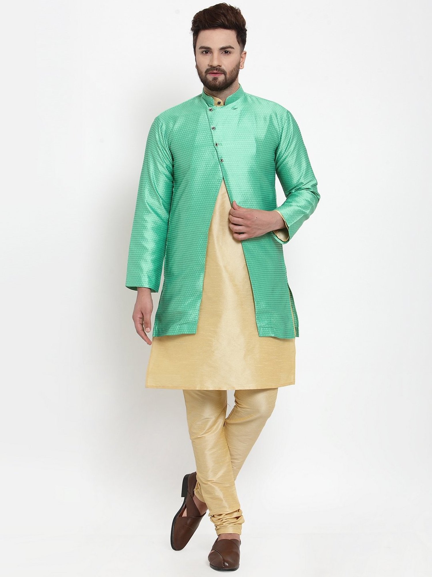 Benstoke Gold & Light Green Regular Fit Self Pattern Kurta Set With Jacket