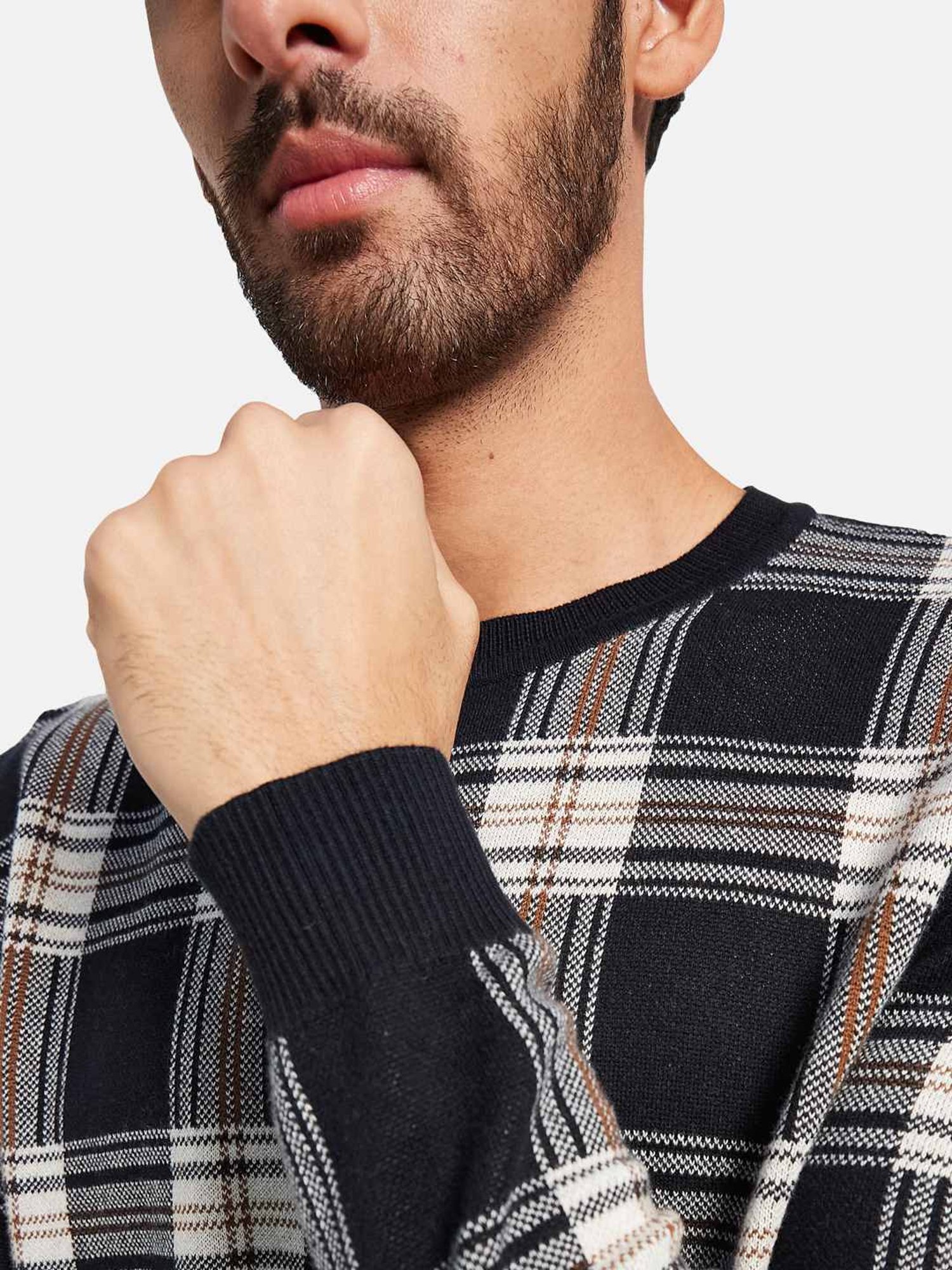 METTLE Navy Cotton Regular Fit Checks Sweater