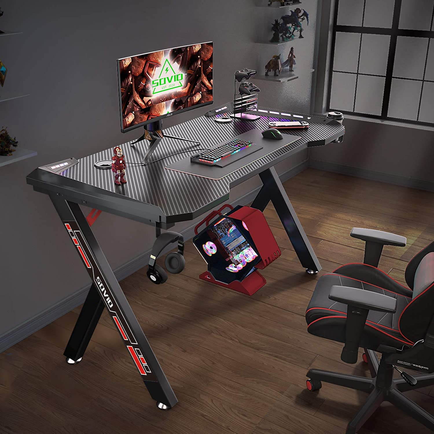 Gaming Desk with LED RGB Lights 47 Inch PC Computer Desk Home Office Desk Y Shaped Gamer Setup Accessories for Sons' Gift Game Table with Gamer Handle Rack, Cup Holder & Headphone Hook Black