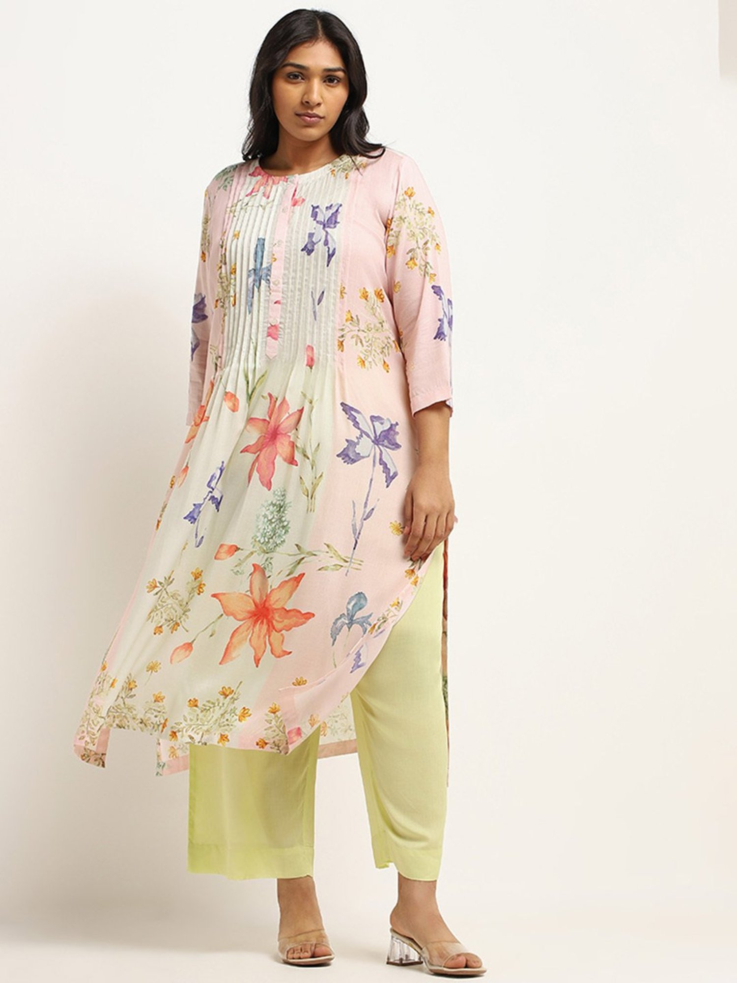 Diza by Westside Pink Floral Pintuck Cotton Kurta