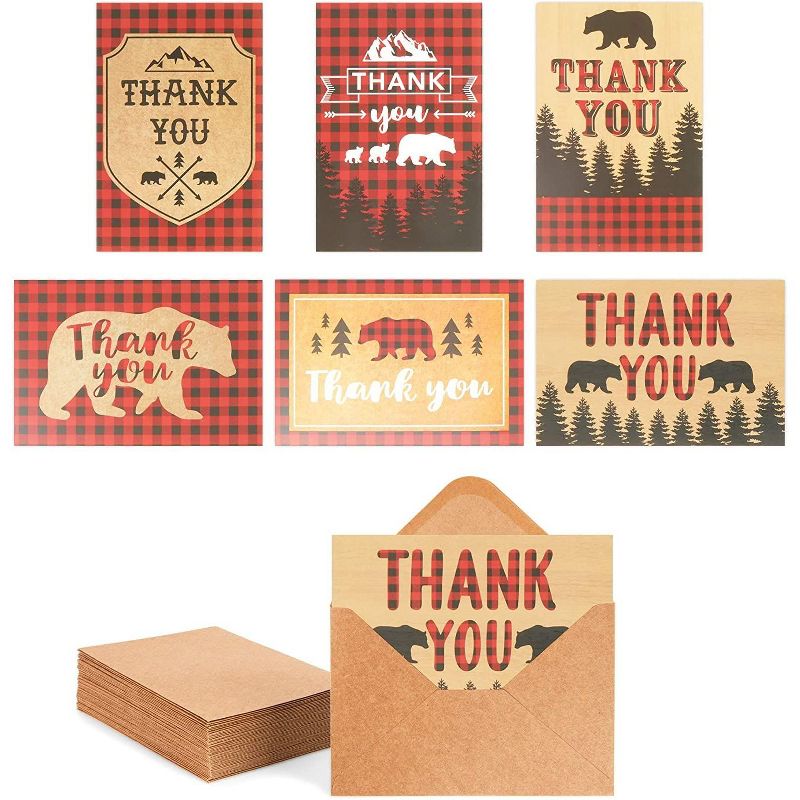 Pipilo Press 48-Pack Blank Thank You Cards with Kraft Envelopes, Buffalo Plaid Design (4 x 6 In)