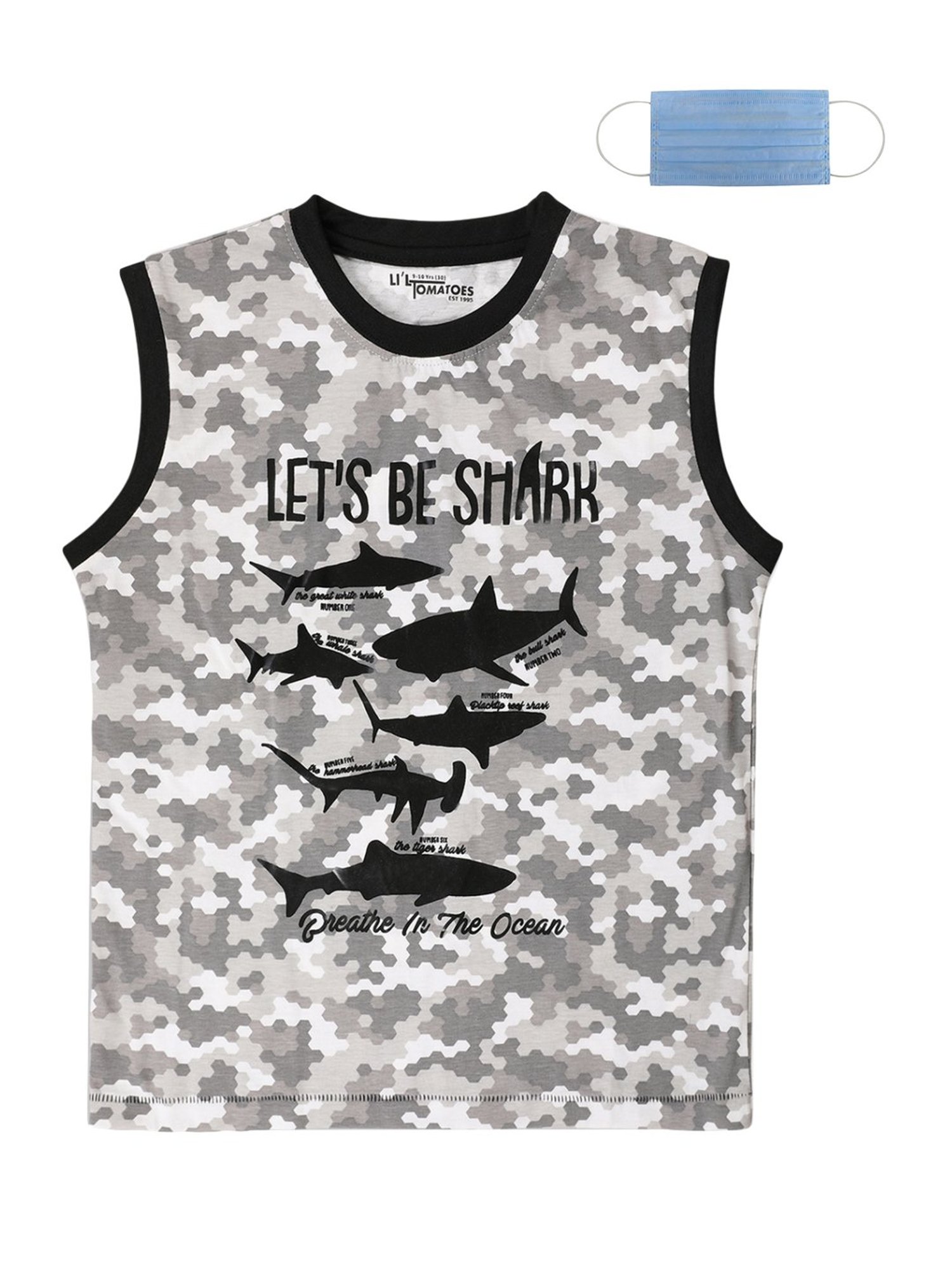 Li'l Tomatoes Boys Grey Cotton Printed T-Shirt & Mask