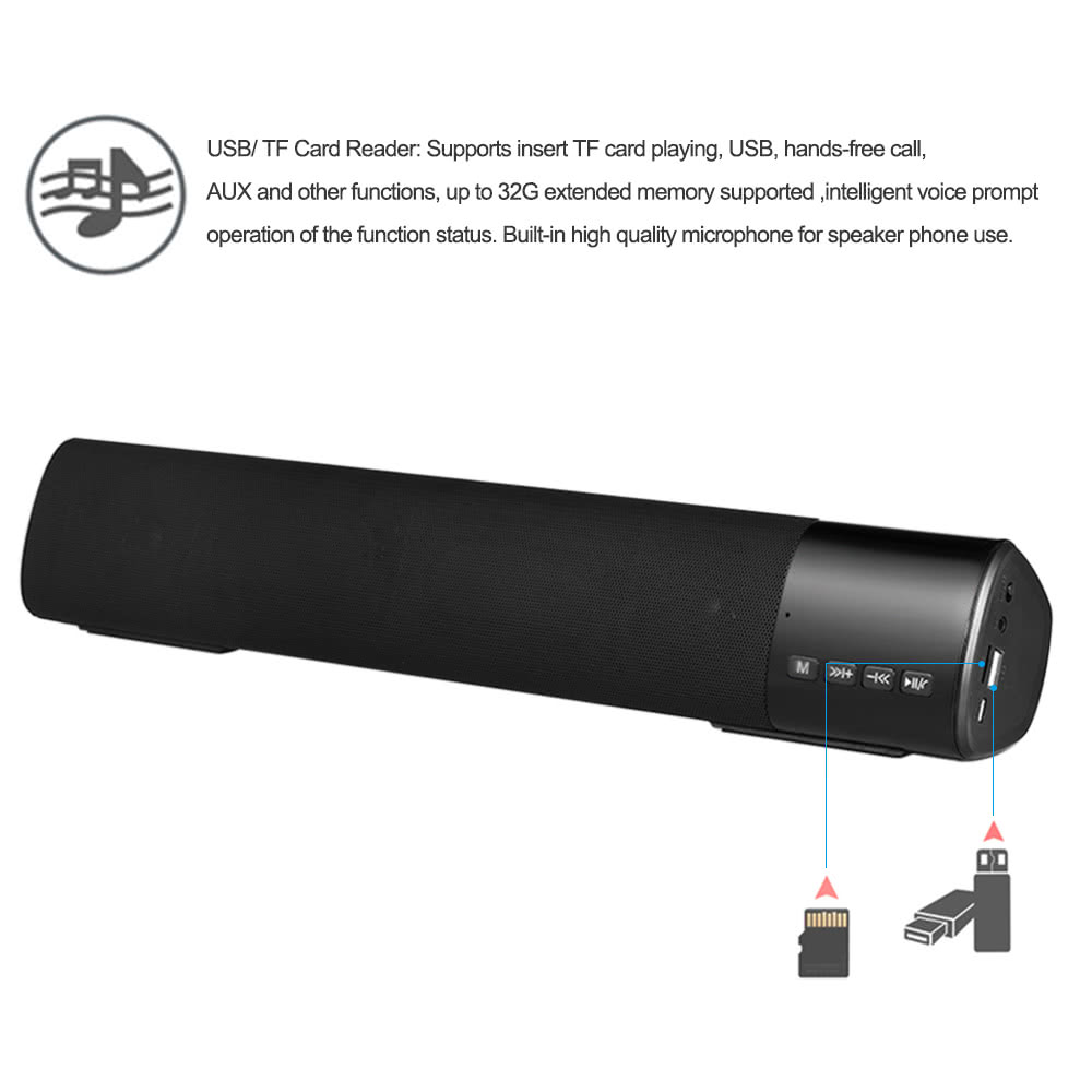 Wireless Bluetooth Speaker Stereo Music Player Soundbar FM Radio TF Card Slot Hands-free LED Display U Disk AUX-IN Black